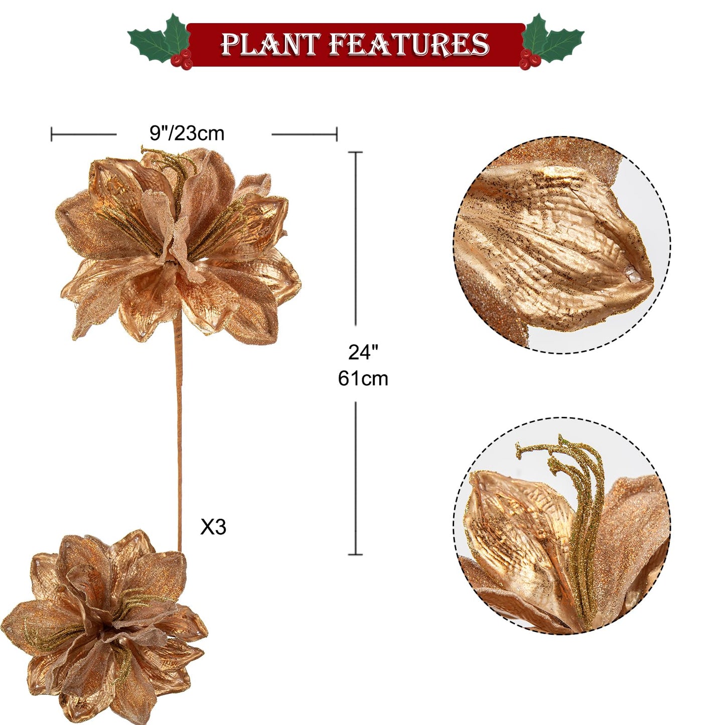 Briful 3PCS Christmas Glitter Poinsettia Flowers 3 Heads Large Artificial Amaryllis Floral Picks 24 Inch Long Stem Fake Flowers Ornaments for Christmas Tree Vase Table Centerpiece Decor (Bronze)