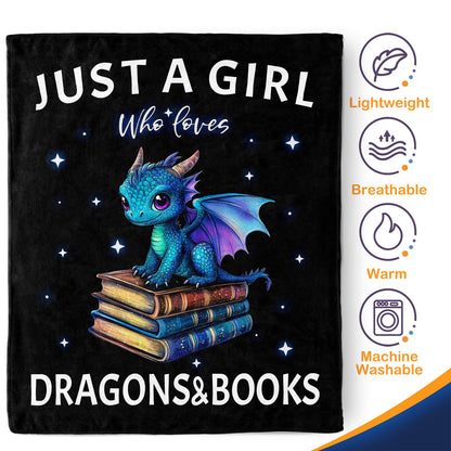 Dragon Book Blanket Gifts for Girl - Just A Girl Who Loves Books Themed Animal Lovers Throw for Woman Kids Adults Soft Fleece Cozy Bed Couch Decor Birthday Christmas Lightweight Blanket 50"x60"