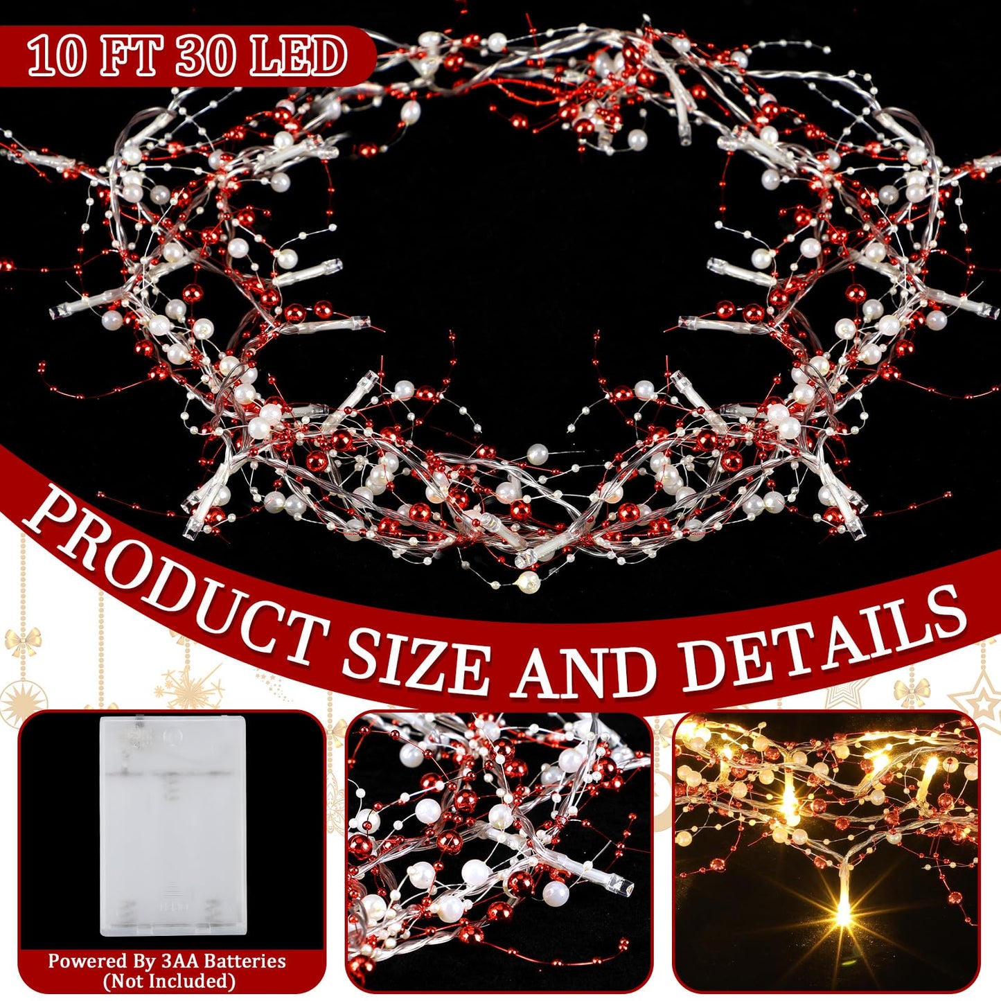 Mudder 10 Feet 30 LED Christmas Light Metal Berry Beaded Garland Indoor Christmas String Lights for Fireplace Mantel Indoor Xma Light Decorations(Red, White)
