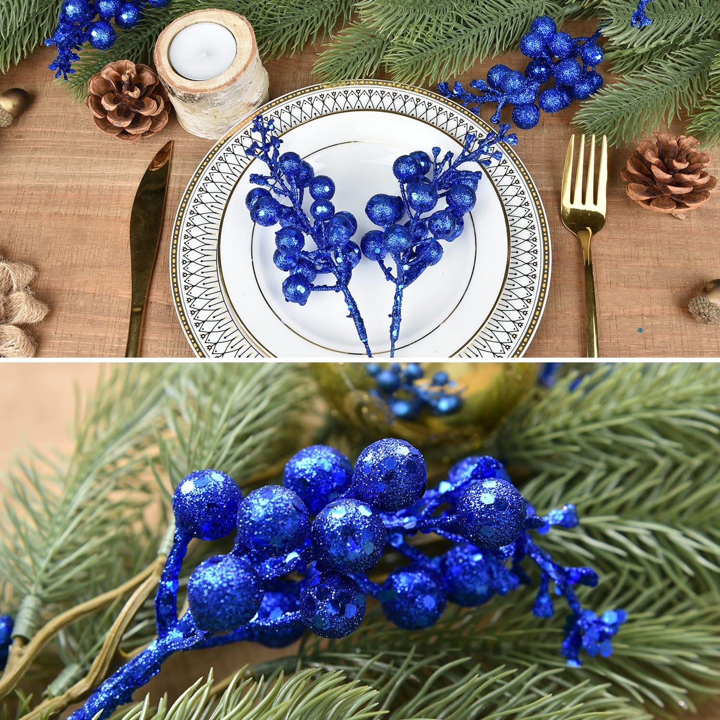 Lvydec 16pcs Christmas Glitter Berry Stems, 7.8" Artificial Christmas Picks for Christmas Tree Ornaments, DIY Xmas Wreath, Crafts, Holiday and Home Decor (Dark Blue)