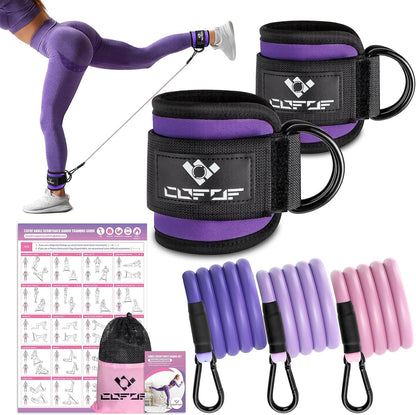 Ankle Resistance Bands with Cuffs, Ankle Bands for Working Out, Ankle Band Cuff for Kickbacks Hip, Leg Glute Exercise Equipment with Training Poster, Resistance Band with Ankle Cuffs for Women(Purple)