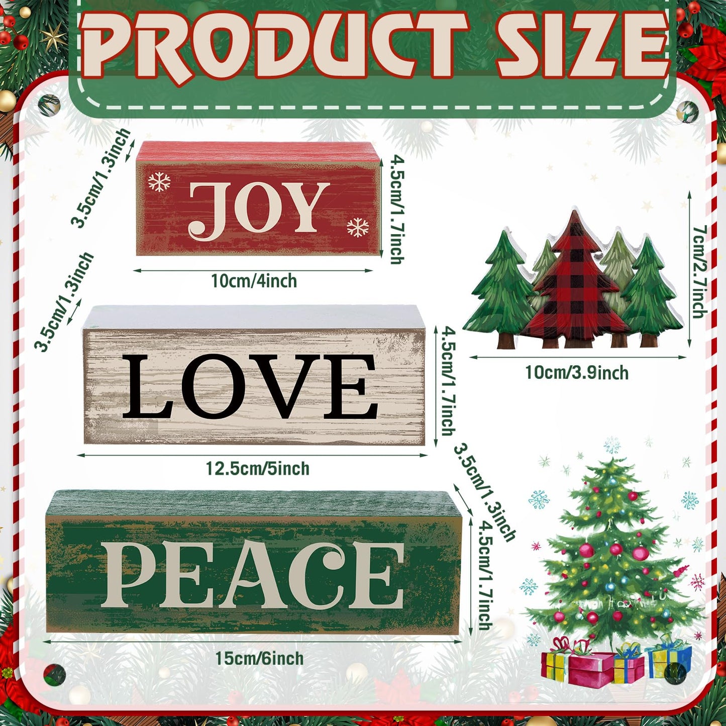 Lineshading 4 Pcs Christmas Table Decor Christmas Tree Centerpiece Joy Peace Love Sign Rustic Decorative Tree Block Signs Gift Winter Tiered Tray Decor Farmhouse for Home Xmas Party Kitchen Shelf