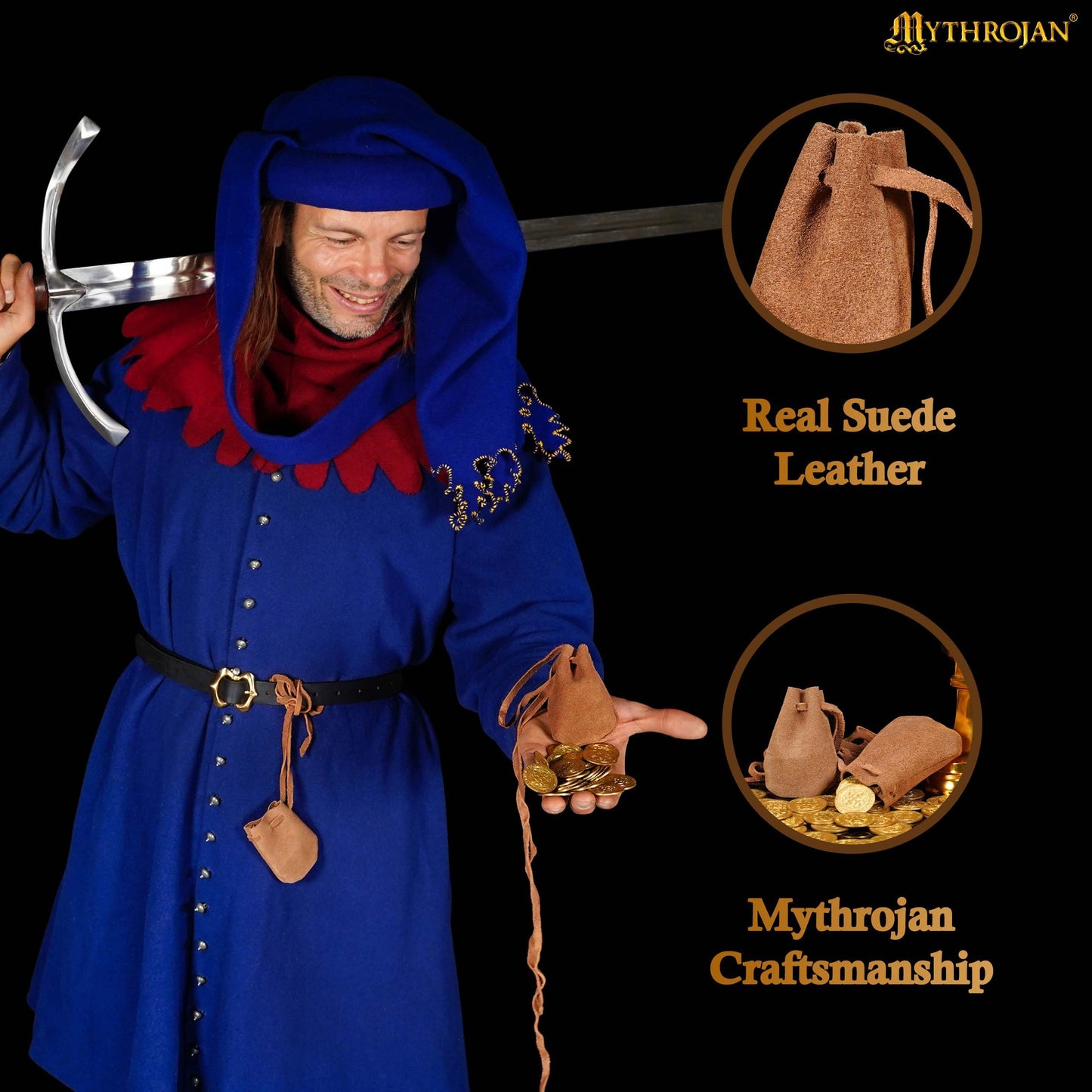 Mythrojan Small Trinket Pouches Pack of 4, Suede Leather Drawstring Coin & Dice Bags for LARP, SCA, Viking & Medieval Events Color : Brown
