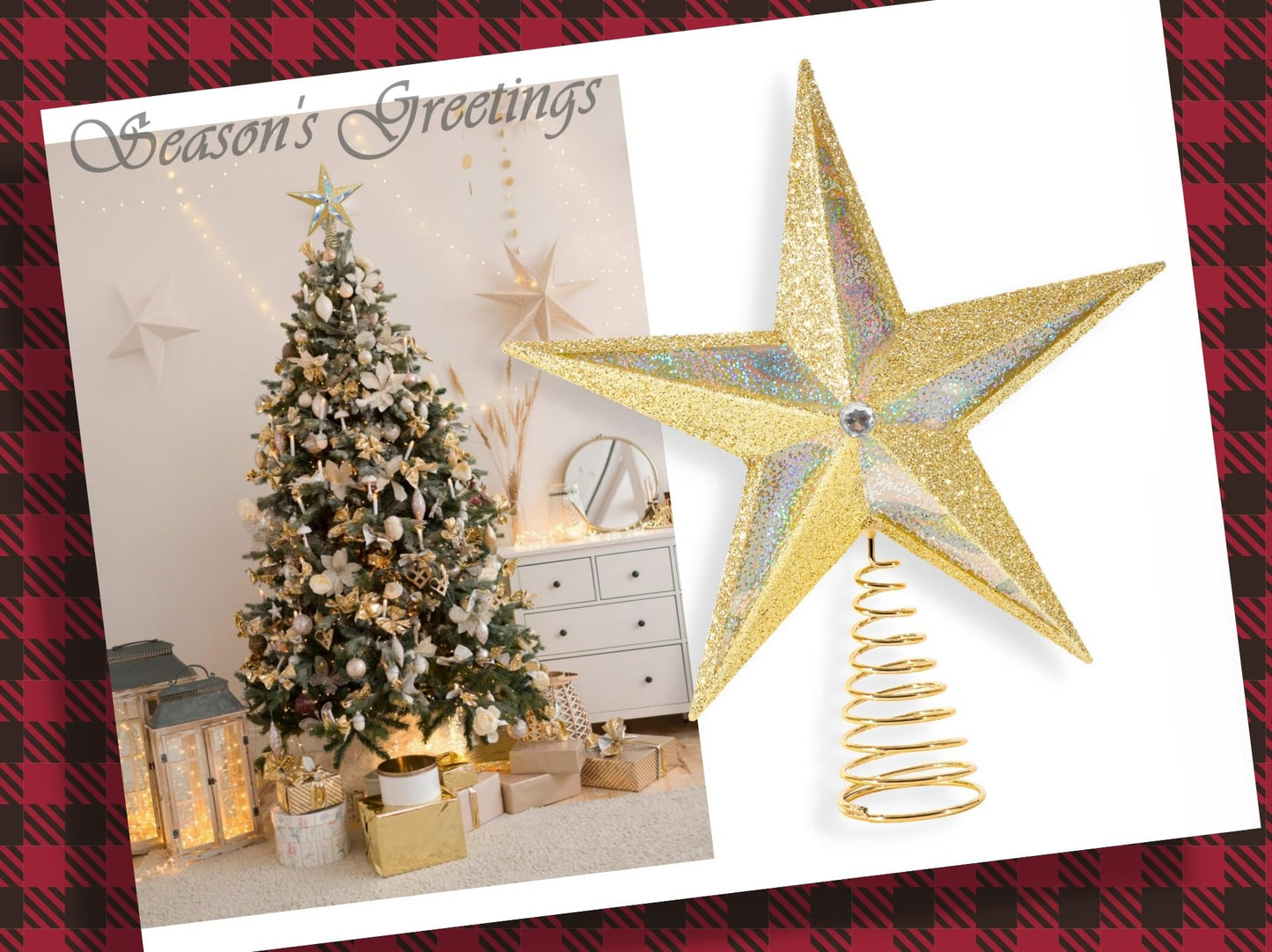 Christmas Traditions 10 inch Large Filigree Gold Holographic Glittered Christmas Star Tree Topper Star for Large Tree 6 feet-8 feet Tall/Home Decor Ornaments (Gold Holographic)