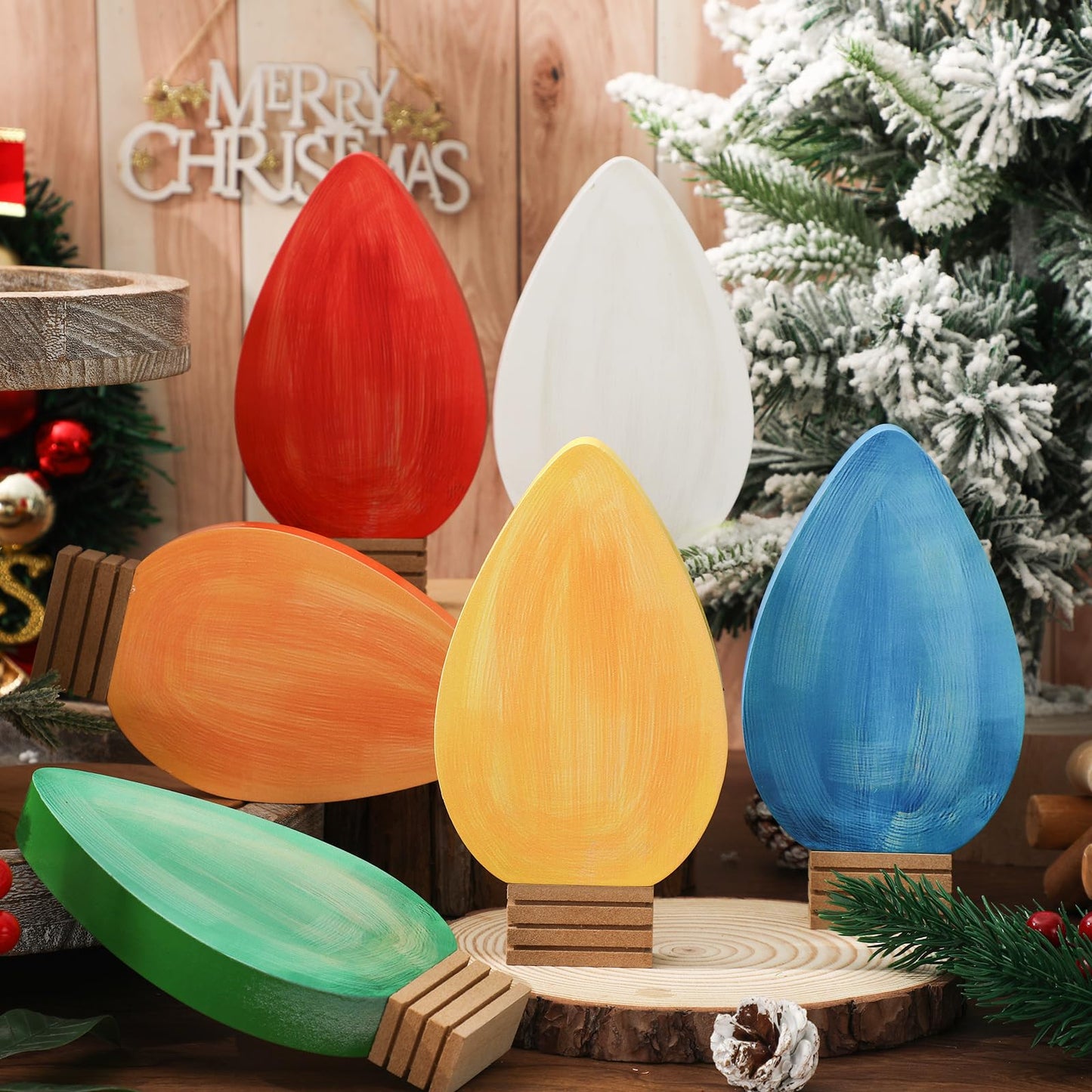 Whaline 6 Pcs Christmas Wood Ornaments Tabletop Signs Orange Blue Red Green White Yellow Wooden Light Bulb Desktop Centerpieces Crafts for Xmas Tree Tiered Tray Fireplace Holiday Winter Decor