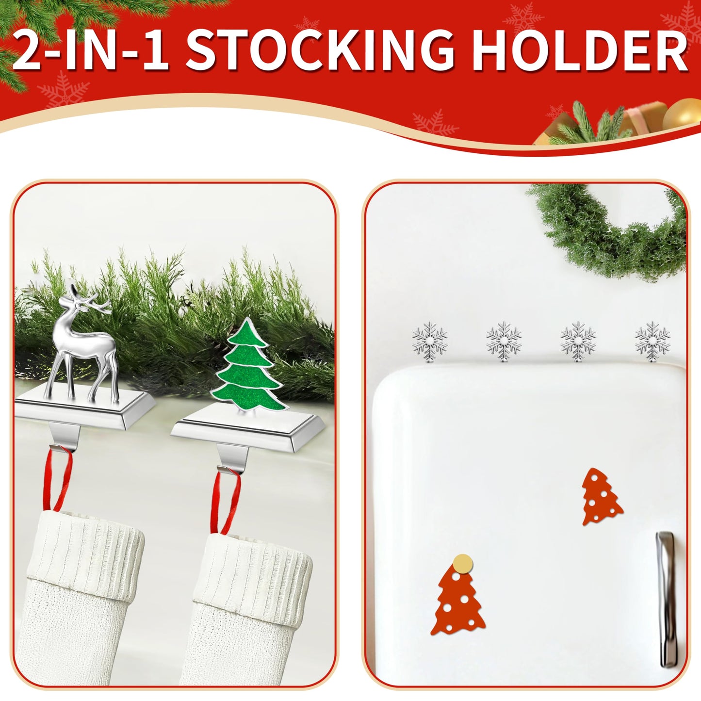 MNKXL Set of 4 Metal Christmas Stocking Holders for Mantle,Heavy Duty Weighted Stocking Holders for Mantle,Silver 3D Snowflake Stocking Holder for Tables Window Fireplace Christmas Decorations