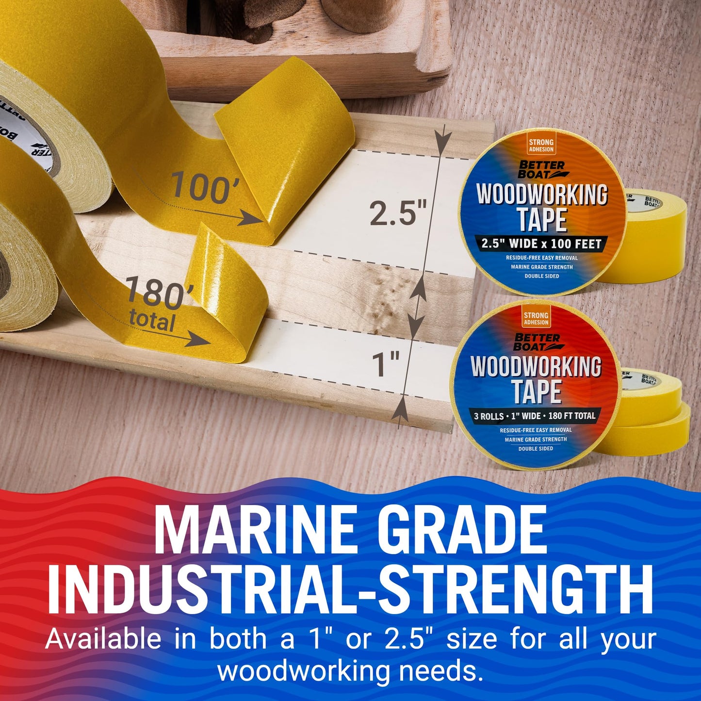 Better Boat Woodworking Double Sided Tape 1 in x 180Ft, CNC and Router Template Tape, Heavy Duty Removable No Residue, Marine Grade
