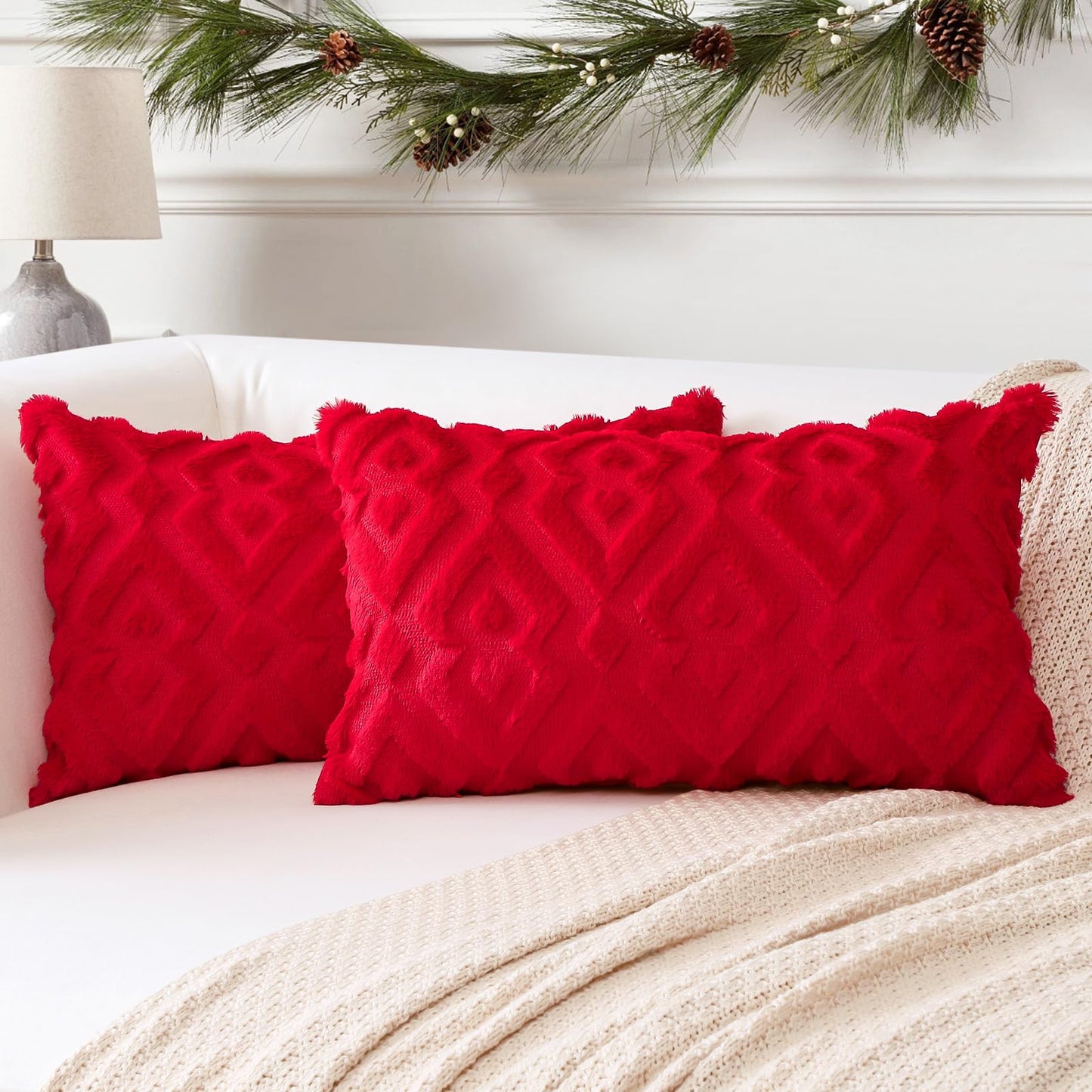 Artscope Pack of 2 Soft Plush Short Wool Velvet Decorative Throw Pillow Covers Luxury Style Cushion Covers Christmas Pillow Shell for Sofa Bedroom Diamond Shape Red, 16x24 Inch