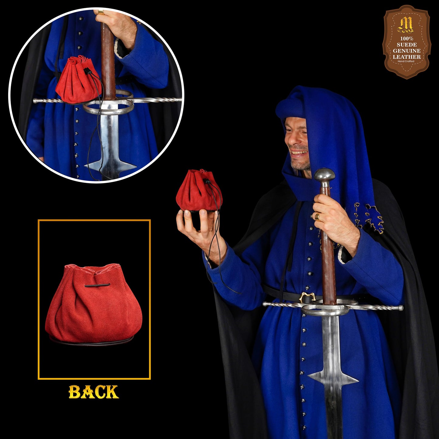Mythrojan medieval leather pouch suede drawstring belt bag for larp, viking, renaissance cosplay, coin & jewelry waist purse- Red, 4.9" x 3.5"