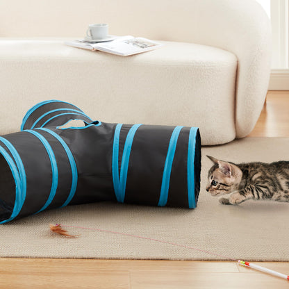 Love's cabin Cat Tunnel Tube Toys 3 Way Collapsible, Cat Tunnels for Indoor Cats，Kitten Tunnel Bored Pet Play Tunnel with Peek Hole Toy Ball for Kitty, Kitten, Rabbit, Puppy Blue