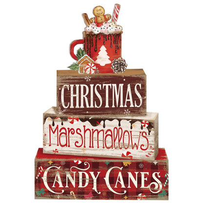 Moucuny 4 Pcs Christmas Hot Cocoa Table Decor Christmas Wooden Decorative Signage Hot Cocoa Tiered Tray Decor Xmas Centerpieces Farmhouse Wooden Block Set Xmas Table Sign for Home