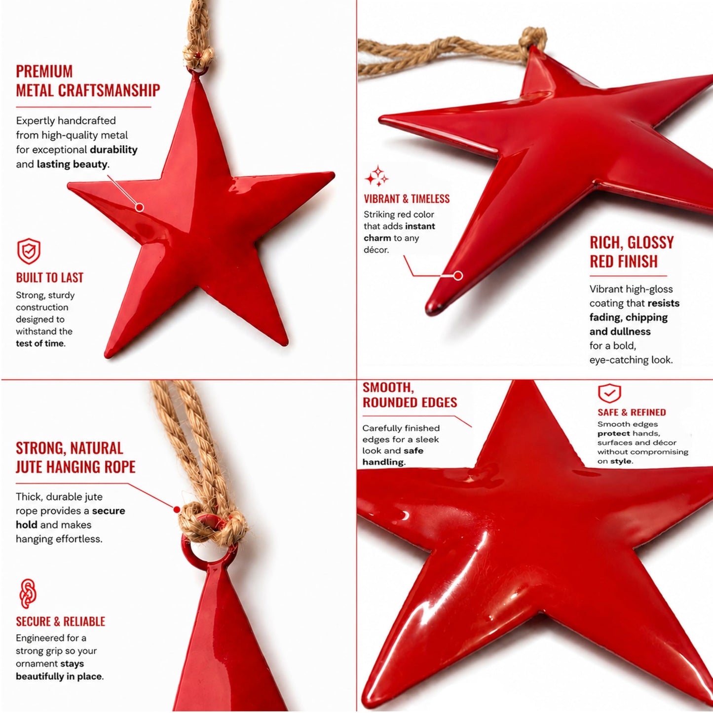 Hanging Star Wall Decor Set of 3 – Red Metal Hanging Star with Rope – Farmhouse Rustic Home & Christmas Decoration for Door, Wall & Window (5 x 5 x 10.2 Inches) (Red)