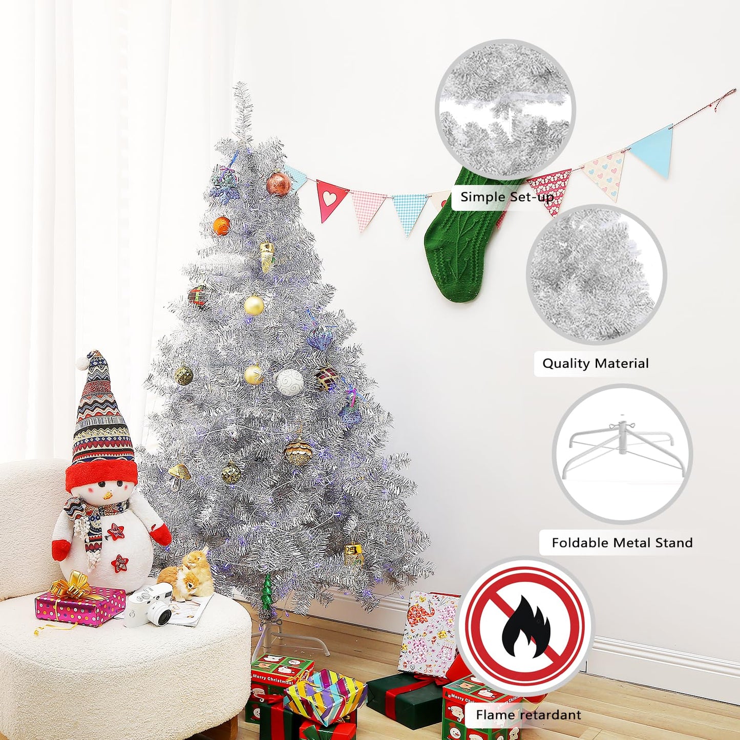 6Ft Artificial Christmas Tree with Metal Stand for Holiday Festival Parties Home Office Decor, 8 Modes 200 LED Blue Lights Included