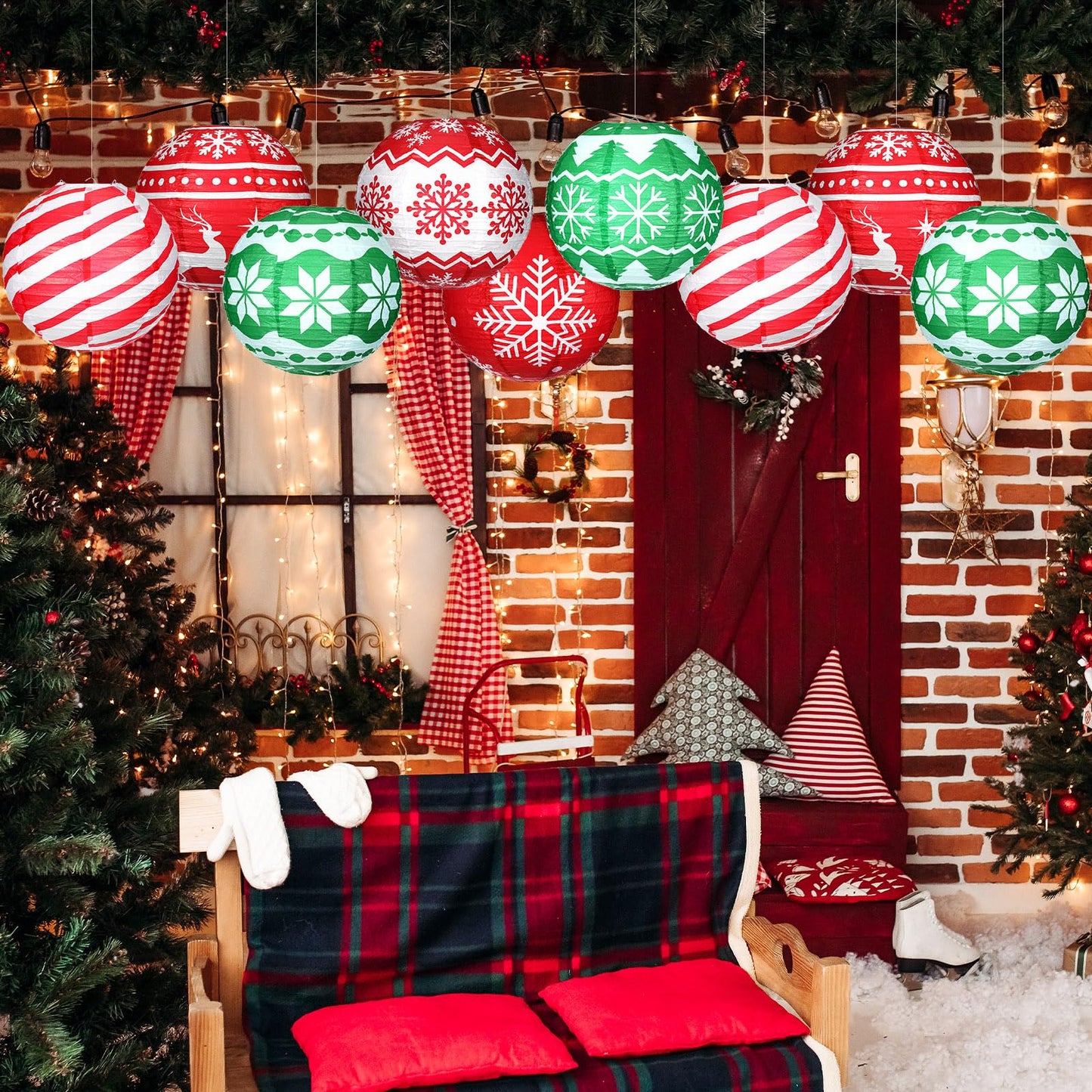 Bencailor 12 Pcs Summer Christmas Hanging Paper Lanterns Set Xmas Decorative Party Round Hanging Lamps for Summer Xmas Home Decoration Supplies Props Holiday Decor(12 Inch,Christmas Tree)