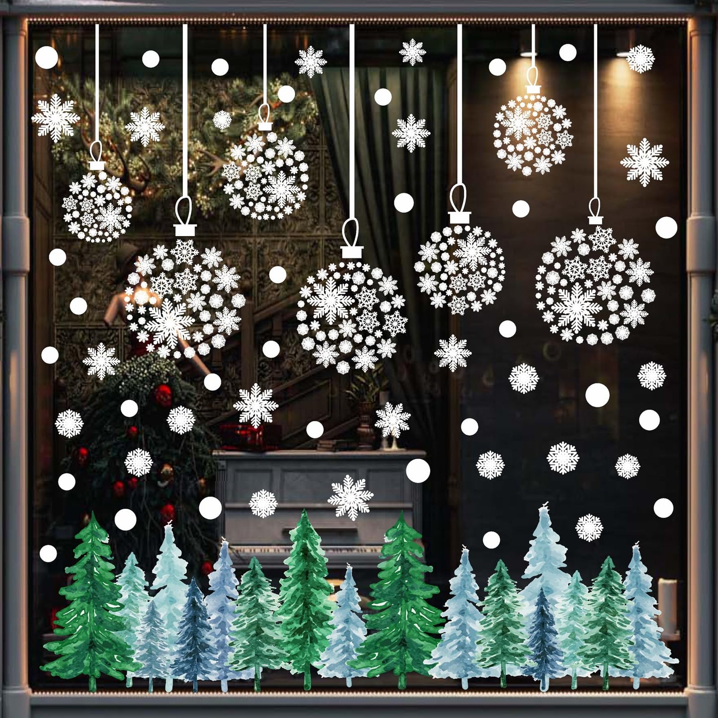 Christmas Tree Wall Decals Winter Snow Pine Tree Wall Stickers Christmas Snowflakes Window Cling Decals Xmas Pine Tree Wall Stickers Removable Christmas Window Stickers Holiday Decoration
