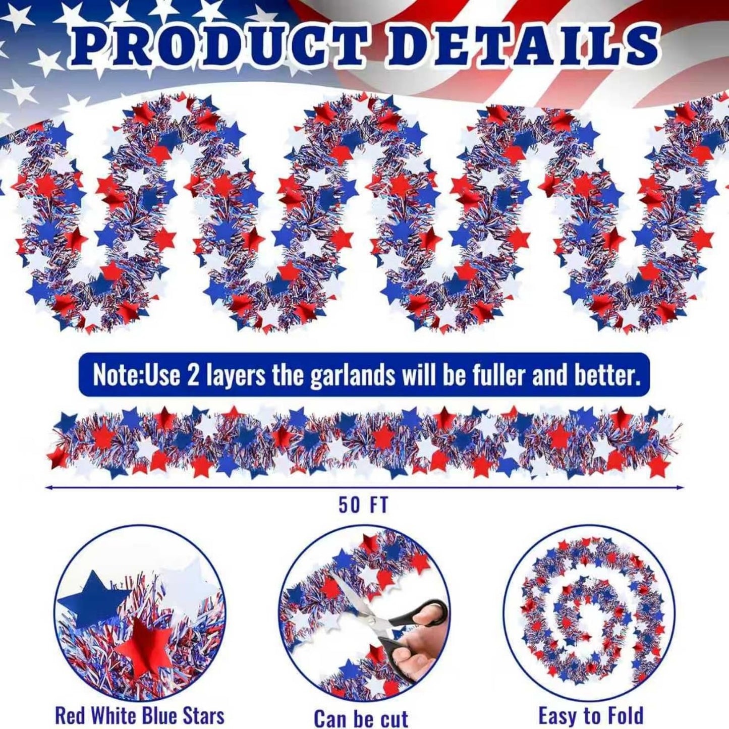 YunPuff 50 Ft Patriotic Star Garland, Red White Blue Metallic Tinsel with 5-Pointed Stars, 4th of July & America 250th Anniversary Decorations for Independence Day Party Mantle Porch Fireplace