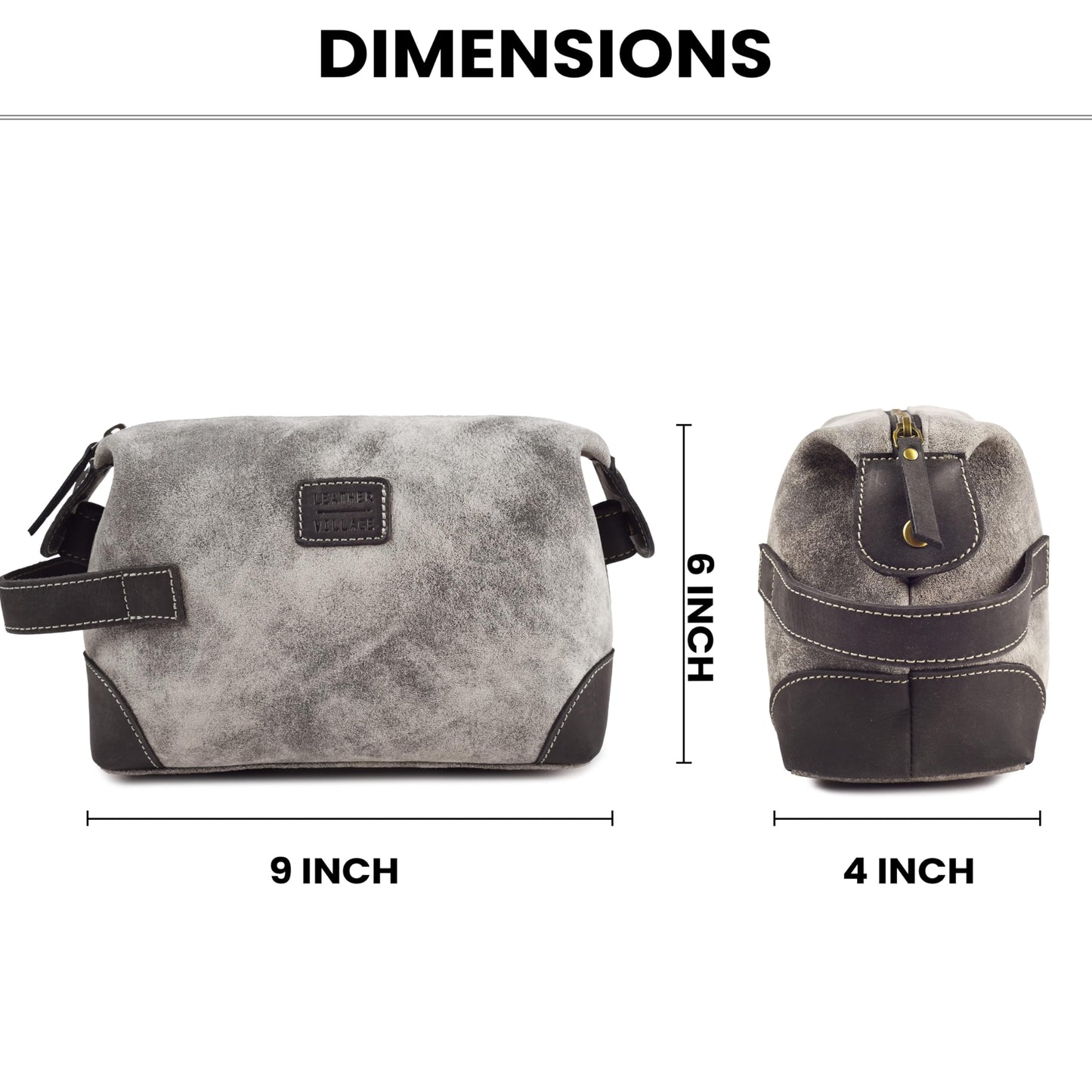 LEATHER VILLAGE Genuine Leather Dopp Kit for Men & Women with Waterproof Lining – Distressed Travel Toiletry Bag, Shaving & Bathroom Essentials Organizer - Distressed Grey