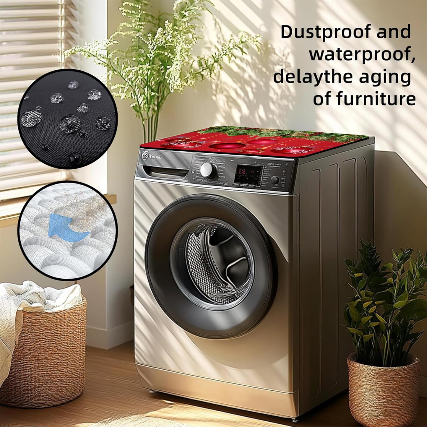 Christmas Fir Twigs and Red Balls Washer and Dryer Covers For The Top, Non-slip Fast Drying Absorbent Dryer Top Protector Mat for Kitchen Laundry Room Decor,23.6"x19.7"