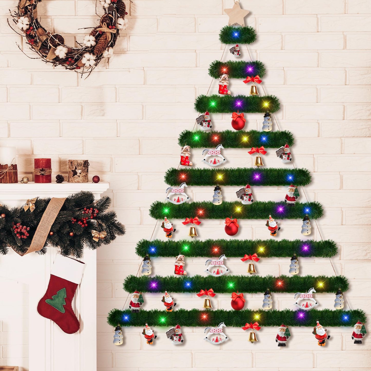 60 Inch Wall Hanging Mounted Christmas Trees Wood Ladder Tree Wall Hanging Christmas Decor with 19.6ft Christmas Metallic Tinsel Twist with LED Lights Metal Hooks for Rustic Holiday Party Supply