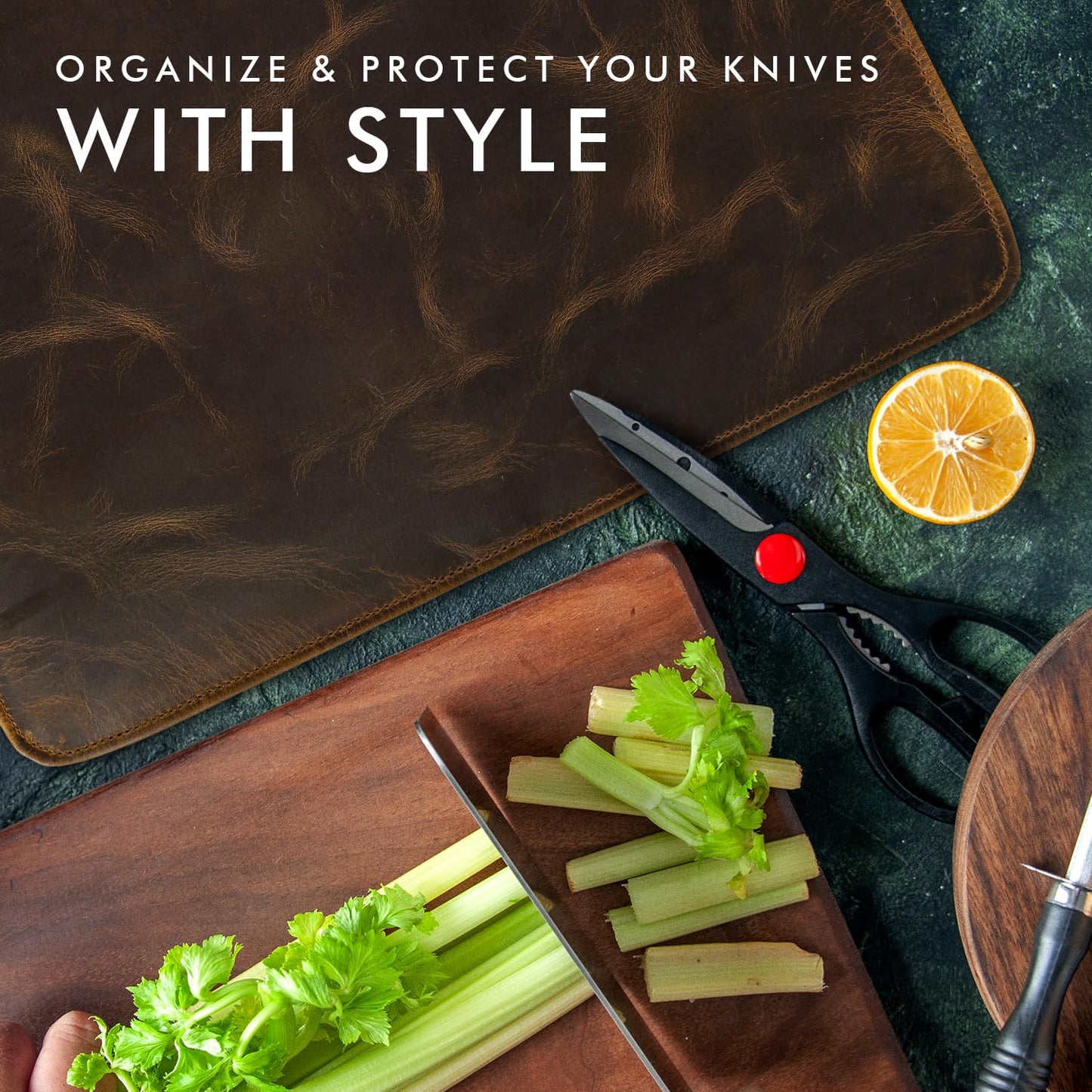 ELIZO Leather Knife Roll Bag Professional Chef Knife Case, Durable Sheath Holder, Cooks & Culinary Tools Carrying Storage, Portable Wrap - 6 Slots