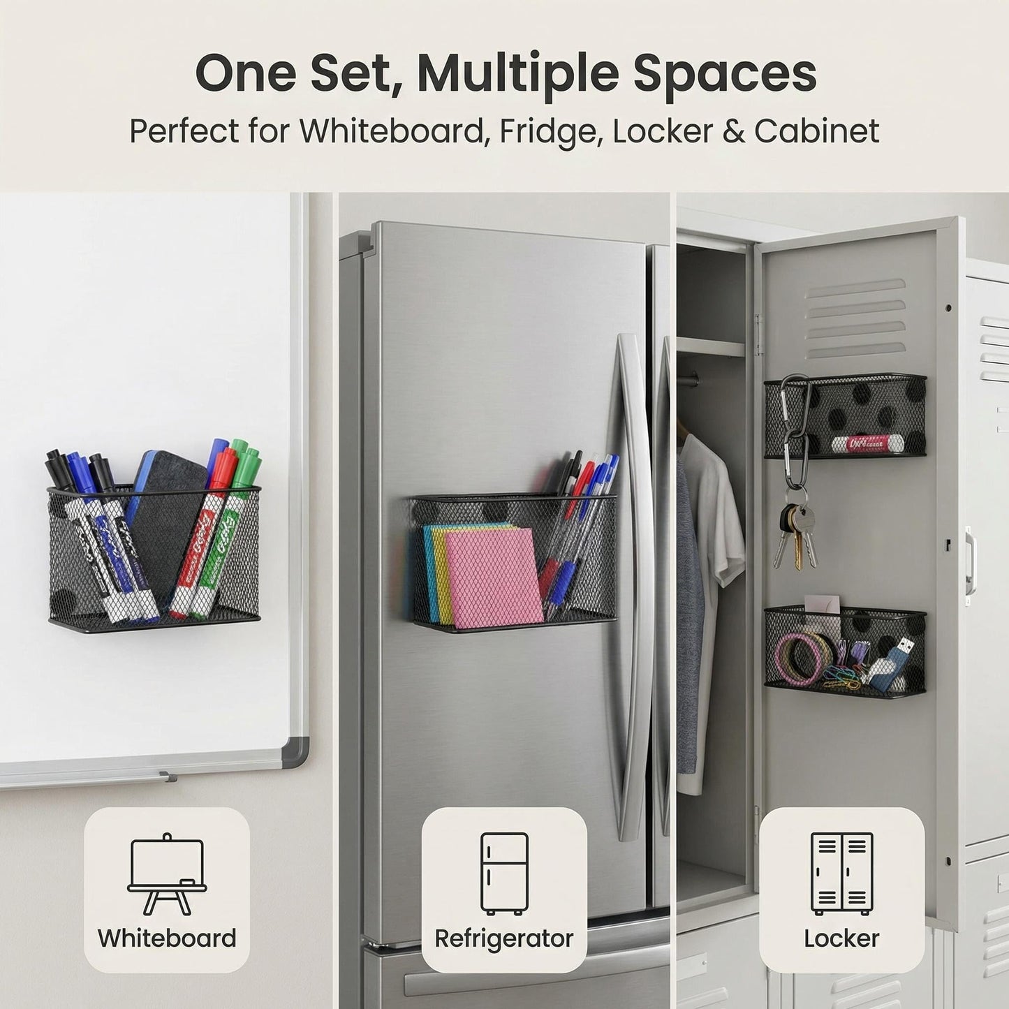 Neudeco Magnetic Locker Shelf Organizer, Pencil Holder, Metal Storage Basket for Whiteboard, Refrigerator, Ideal Cabinet for School, Black (Pack of 3)