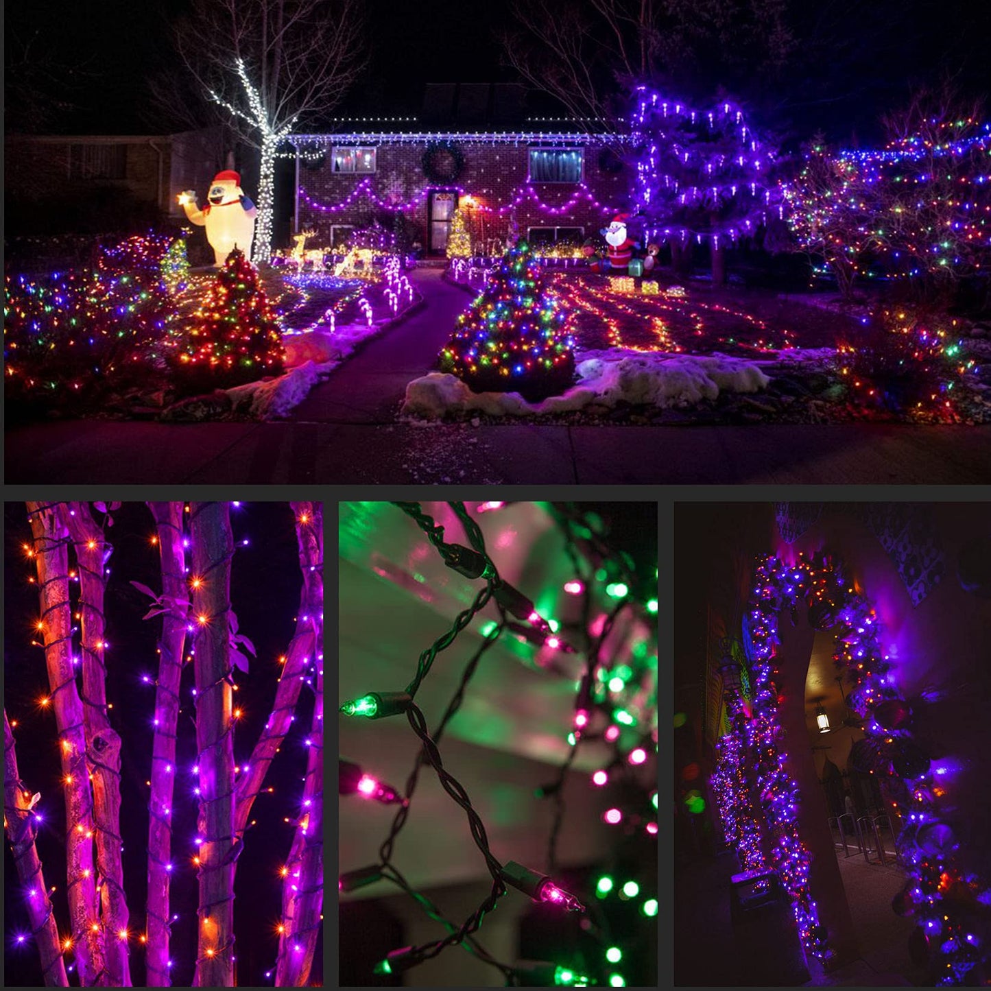 YULETIME 200 Orange Green Purple String Lights, 2-Set 33' 100 ct Black Wire