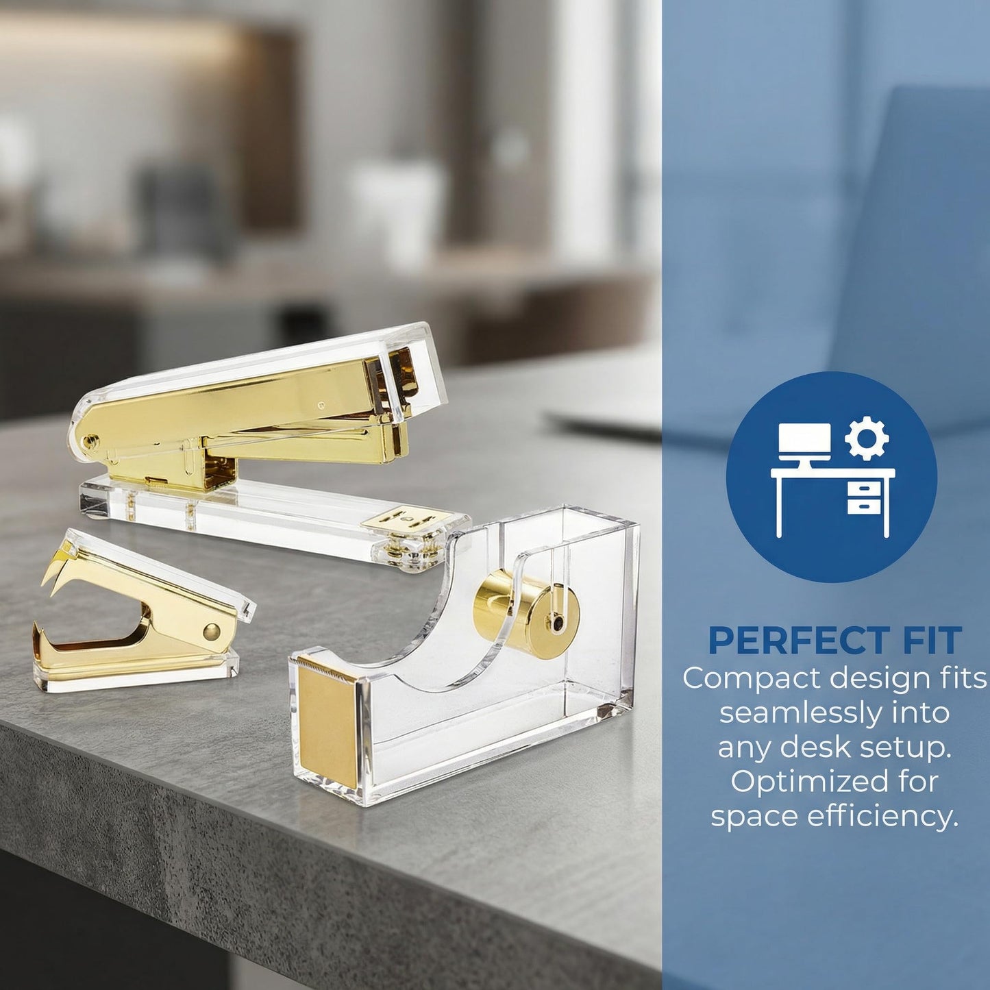 Hiceeden Acrylic Gold Stapler and Tape Dispenser Set, Desk Accessories Office Supplies Includes Tape, Staple Remover and 1000pcs 24/6 Staples, Modern Cute Stapler Set for Desk