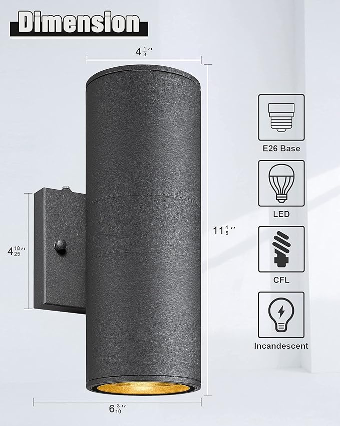 Ken & Ricky Dusk to Dawn Outdoor Lighting,Outdoor Wall Sconce Lights, Black Exterior Lighting Fixtures,Cylinder Outdoor Light Fixtures for House Garage Front Door Patio Entryway 1 Pack