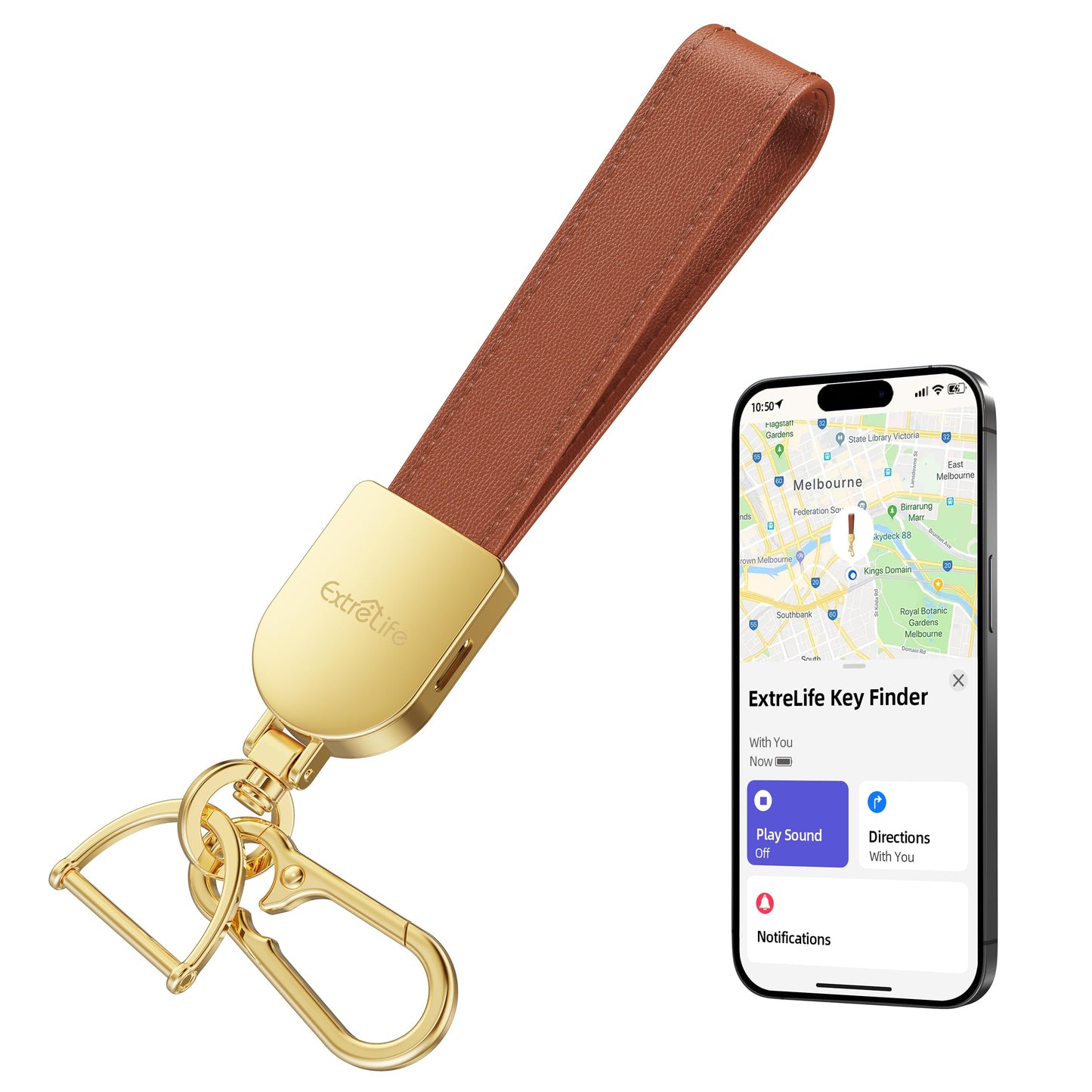 Keychain, Works with Apple Find My, Leather Car Keychain for Women and Men, Car Key Fob Holder, Key Chain with GPS Tracker, Anti-Lost Smart Keys Finder, Rechargeable, Brown