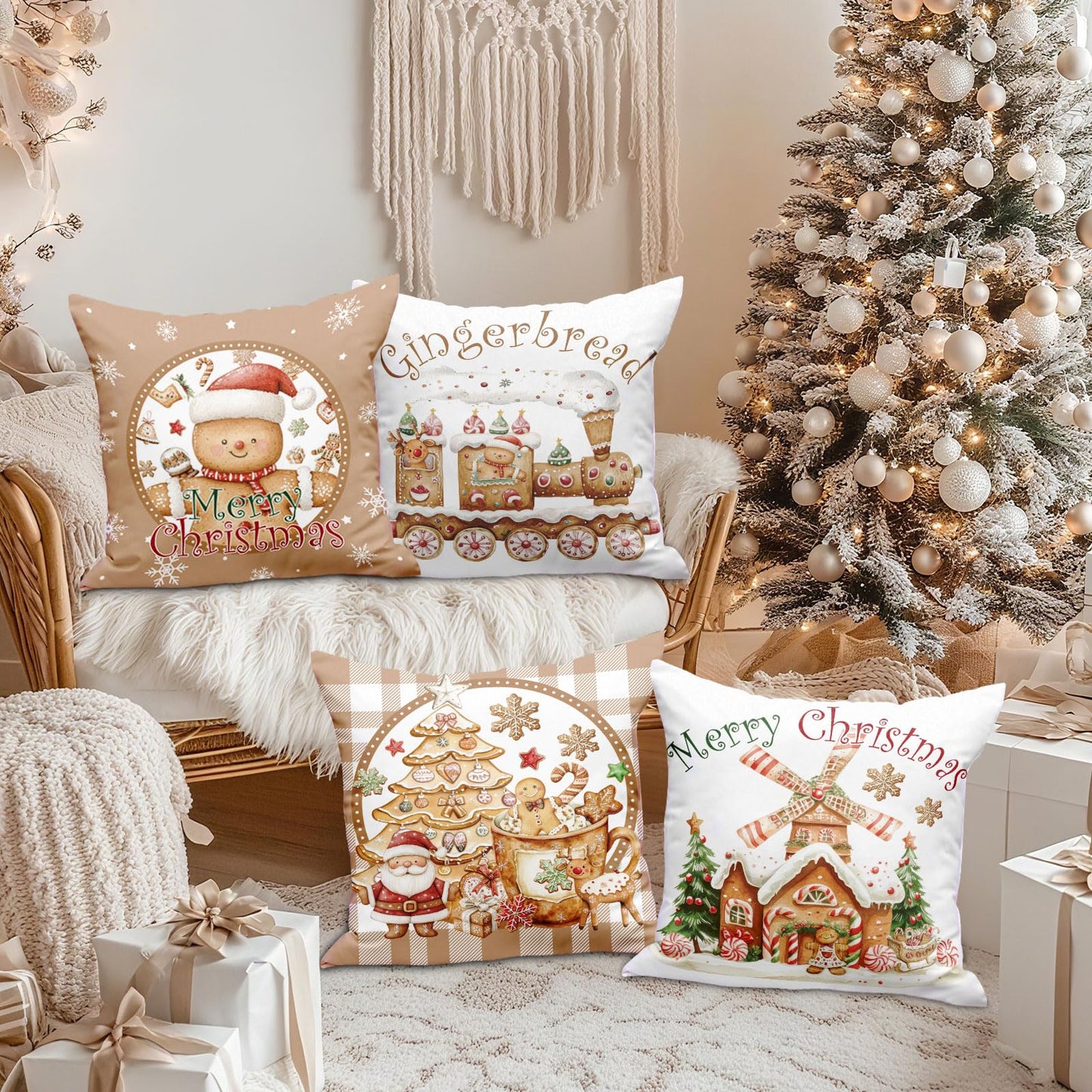 Lanpn Christmas Throw Pillow Covers 18x18 Set of 4, Gingerbread Man House Pillow Covers Christmas Pillowcase Decorative Cushion Cover for Home Bedroom Couch Sofa Decor (Brown)