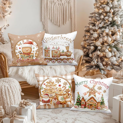 Lanpn Christmas Throw Pillow Covers 18x18 Set of 4, Gingerbread Man House Pillow Covers Christmas Pillowcase Decorative Cushion Cover for Home Bedroom Couch Sofa Decor (Brown)