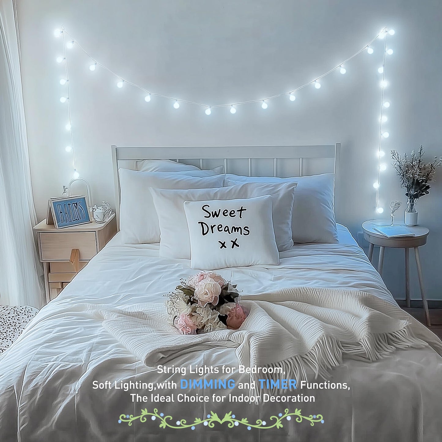 JMEXSUSS 100 LED White String Lights Indoor, Connectable Globe String Lights Plug in with Remote, 33 ft 8 Modes Christmas Fairy Light Outdoor for Bedroom Room Mirror Party Holiday Valentines Decor
