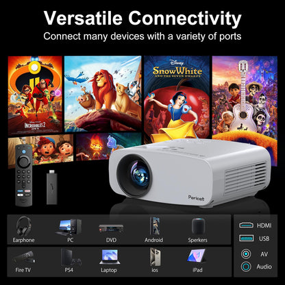 Projector with WiFi and Bluetooth, Pericat 4K Supported Native 1080P Projector, Portable Movie Outdoor Projector for Home Theater, Mini Projector Compatible with PC, HDMI, USB, TV Stick, PS5