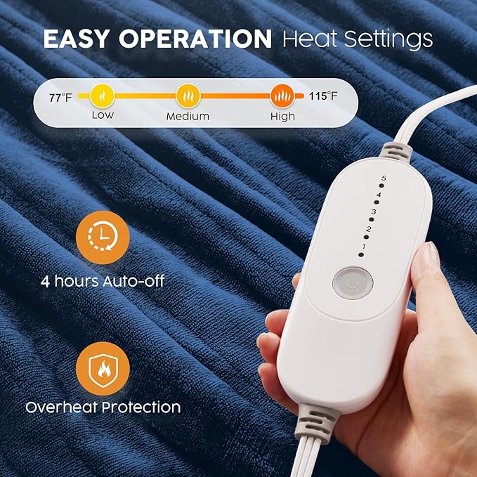 HYLEORY Heated Electric Blanket Queen 84"x90" Soft Fleece & Flannel with 5 Heating Levels & 10 Hours Timer Auto Shutt Off, ETL Certified, Washable，Heated Blanket for Body-Navy