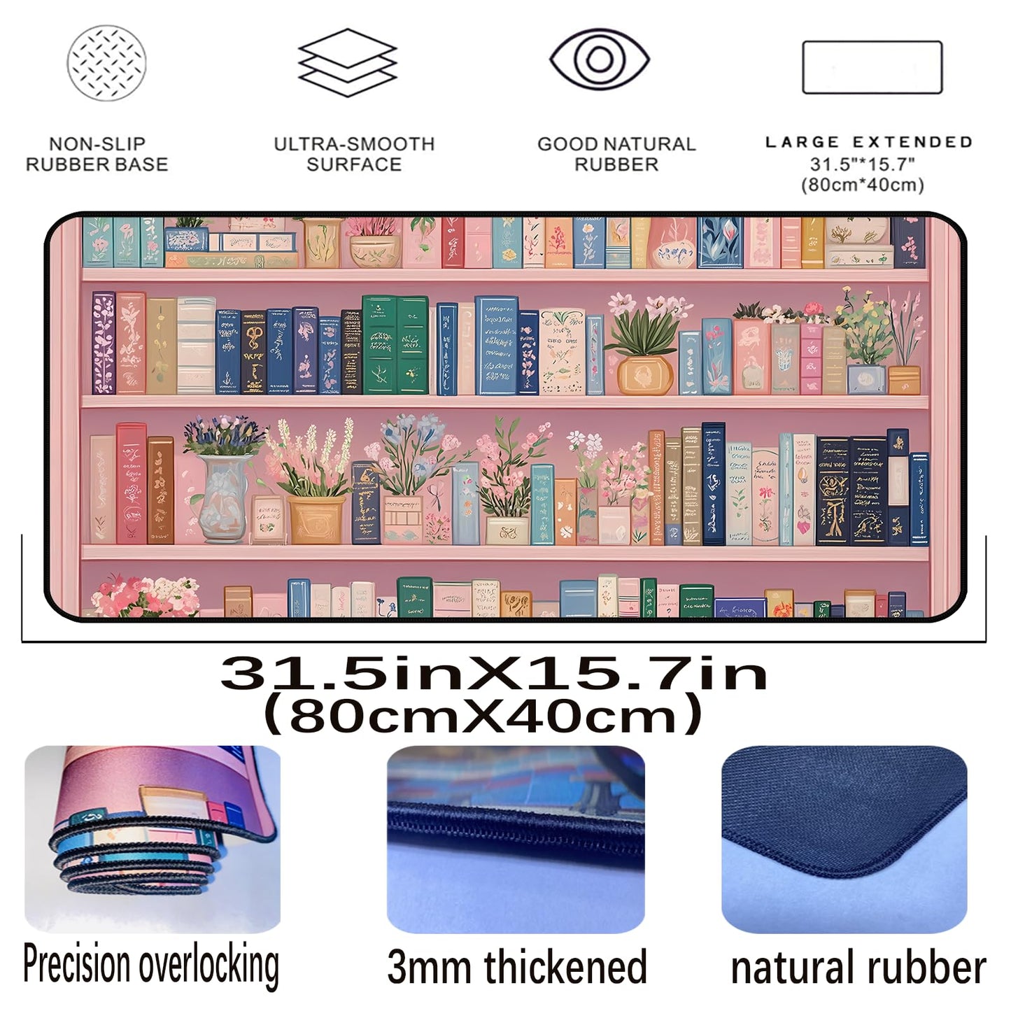 Cute Bookshelf Deskmat, Pink Desk Pad Mousepad XXL, Game Pad, Large Office Desk Keyboard Mat, Anti Slip Rubber Base and Sewn Edge Mouse Mat, Beautiful Reading Space Desktop Decor 31.5"X15.7"