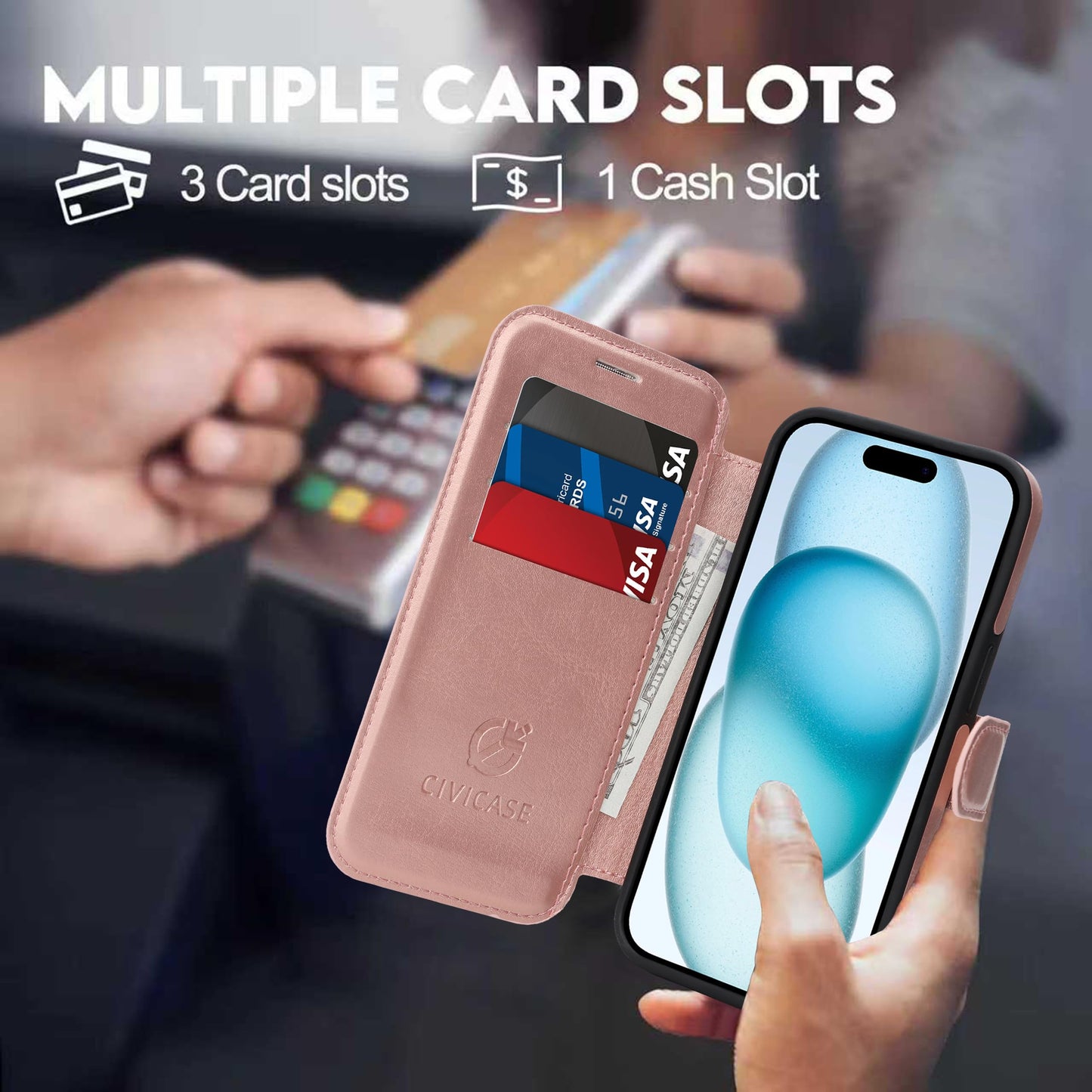 CIVICASE for iPhone 15 Pro Max Wallet Case with Stand,PU Leather Flip Credit Card Holder Slots (RFID Blocking),Compatible with Magsafe Magnetic Holder Phone Cover Women Men,Rose Gold