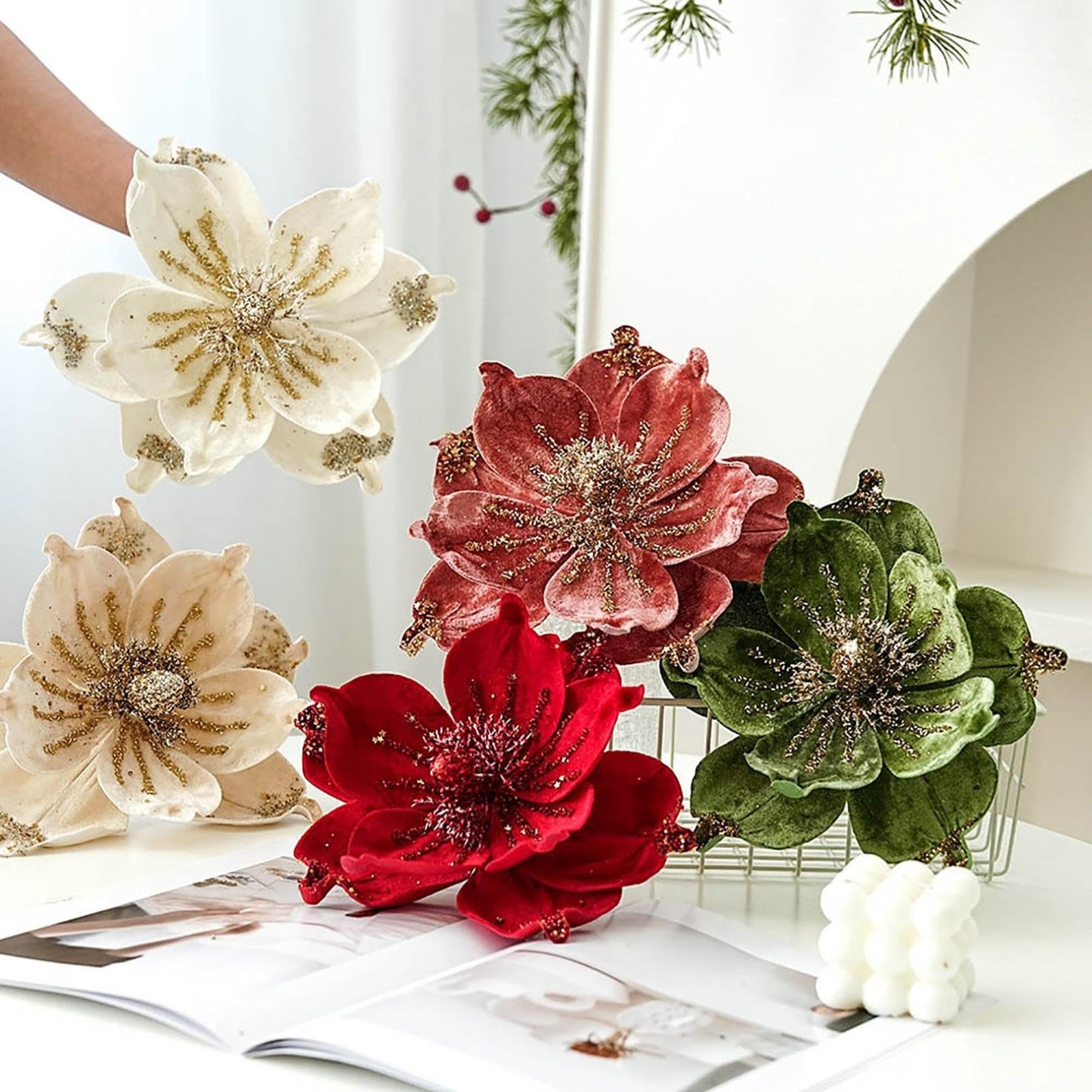 JOYO Christmas Glitter Magnolia Flowers, 10'' Poinsettia for Tree, Easy to Hang Artificial Picks (Cream, 6Pcs)