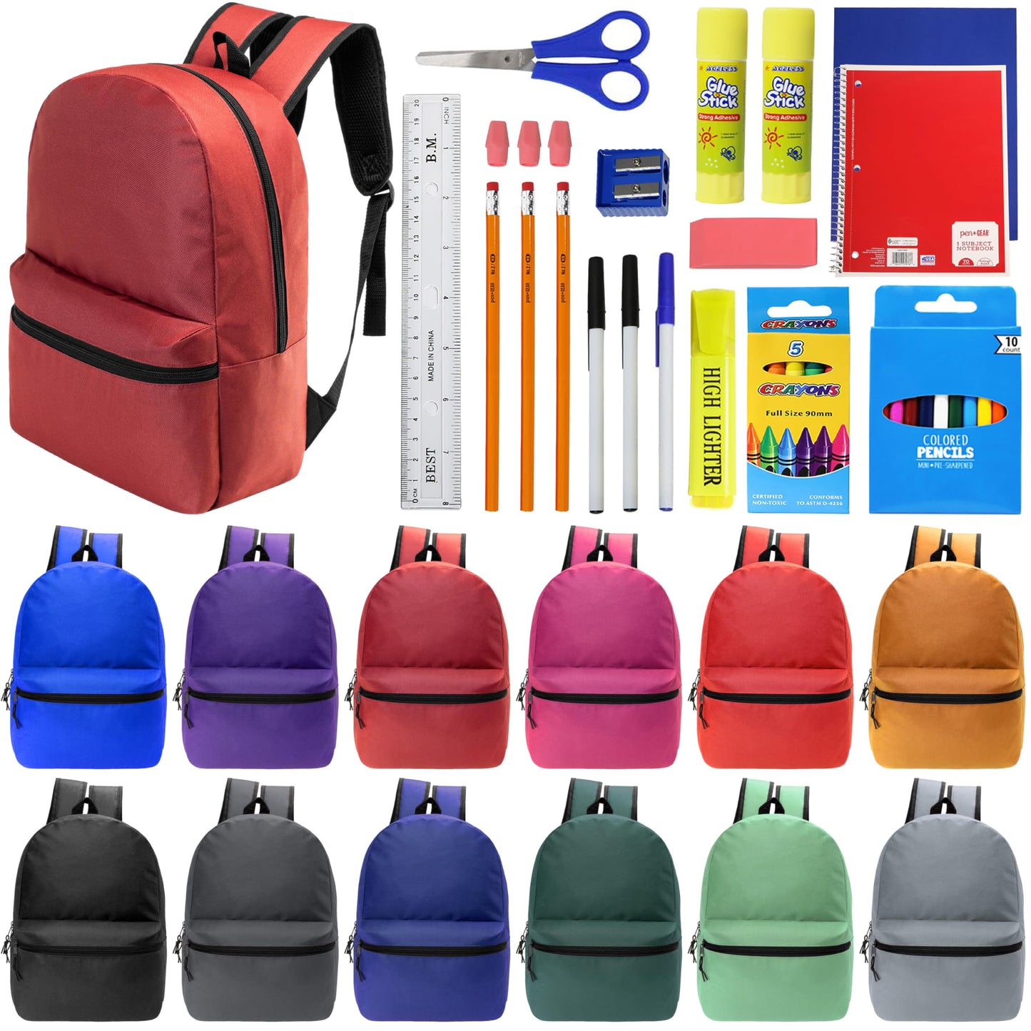 Moda West 17 Inch Bulk Backpacks with 34 Piece School Supplies Kits - Pens, Pencils, Crayons - Case of 12 Wholesale Backpacks in 12 Assorted Colors