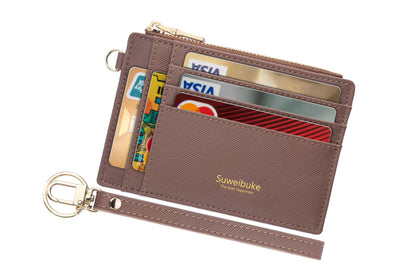 Women Slim Rfid Blocking Credit Card Case Holder Wristlet Zip ID Case Wallet Small Compact Leather Wallet Coin Purse with Keychain (Camel)