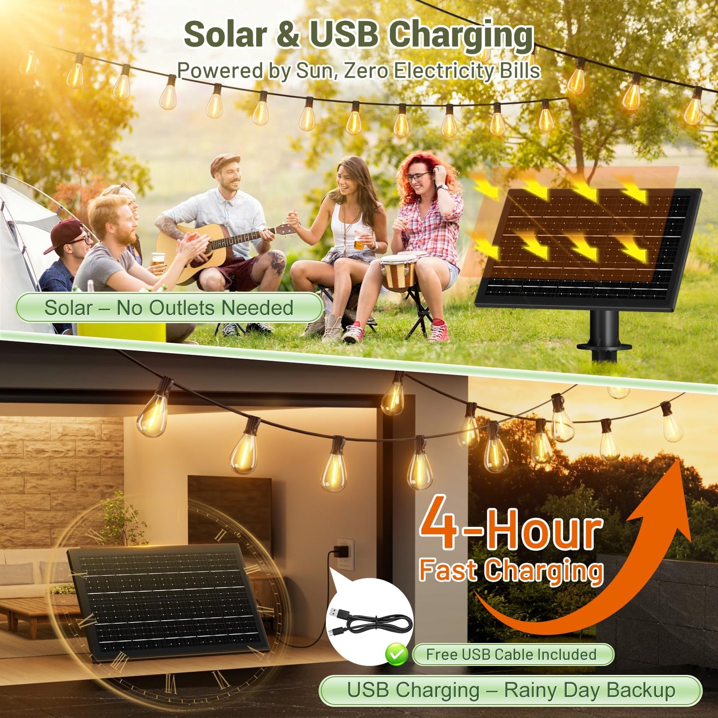 Amzrap 200FT Solar String Lights Outdoor Waterproof 72+2 LED Bulbs, Solar Powered with Remote & USB Port, 3 Light Modes Dimmable Patio Lights for Large Backyard, Garden, Party