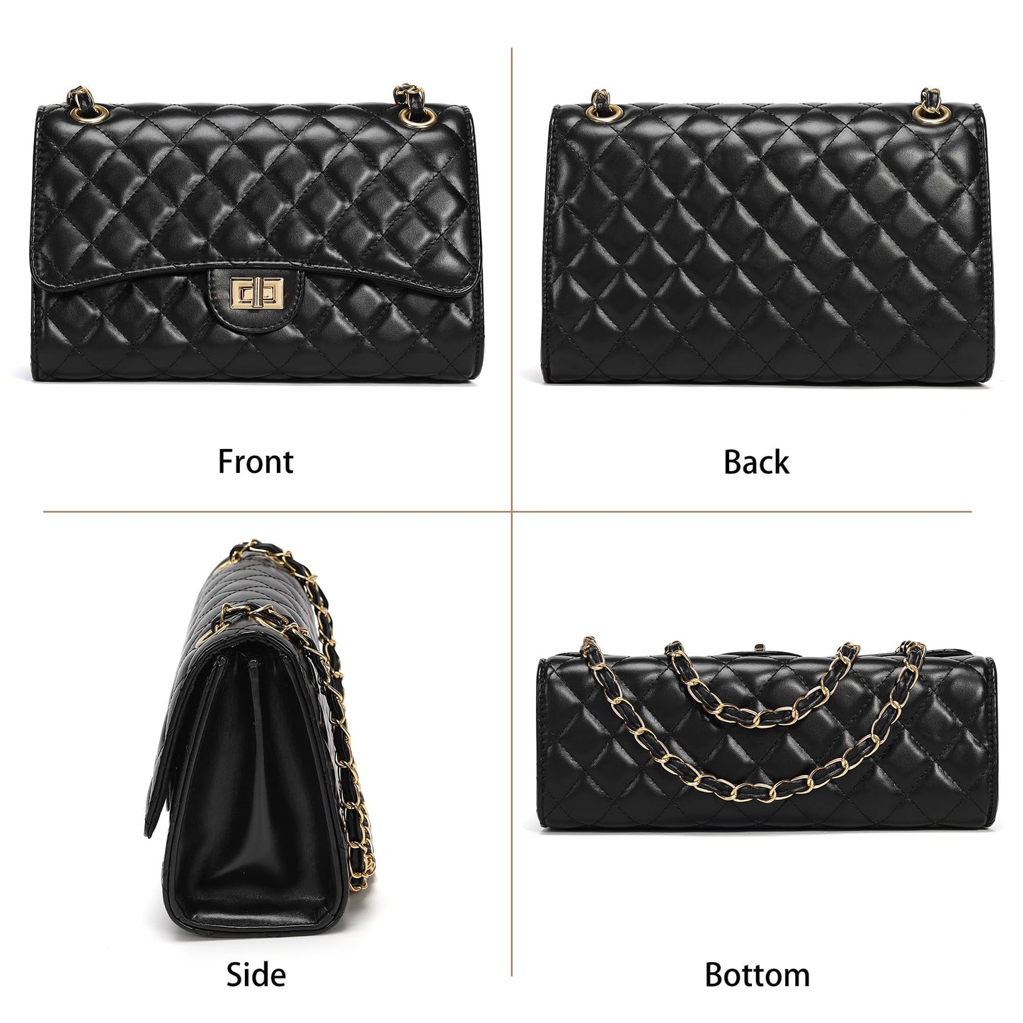 Quilted Crossbody Purse for Women Trendy Ladies Shoulder Bag with Chain Strap PU Leather Cross Body Bags Satchel HandBag,Black