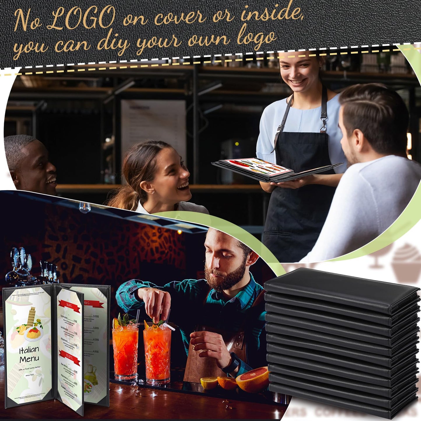 Jexine 30 Pcs Leather Menu Covers Holders - 4.25 x 11 Inches 4 View Fold Black Leather Menu Book with Angled Corners Waterproof for Restaurant Cafe Bar Wine Drinks List Covers Set