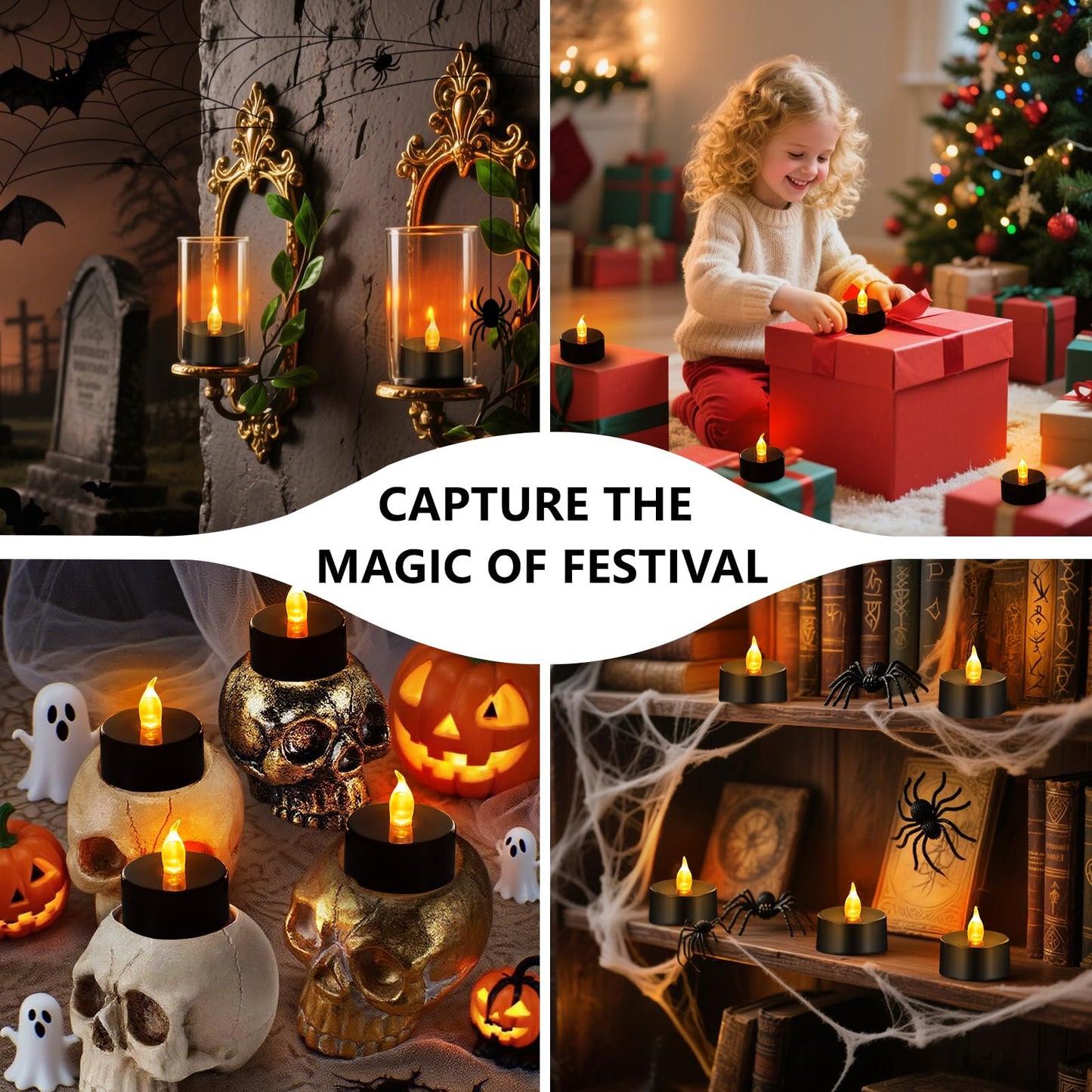 Candlium Tea Lights Battery Operated Candles LED Tea Lights Flameless Candles 200+ Hours Flickering Fake Tealights for Halloween, Christmas Aniversary Home Table Decor(Black, 50 Pack)