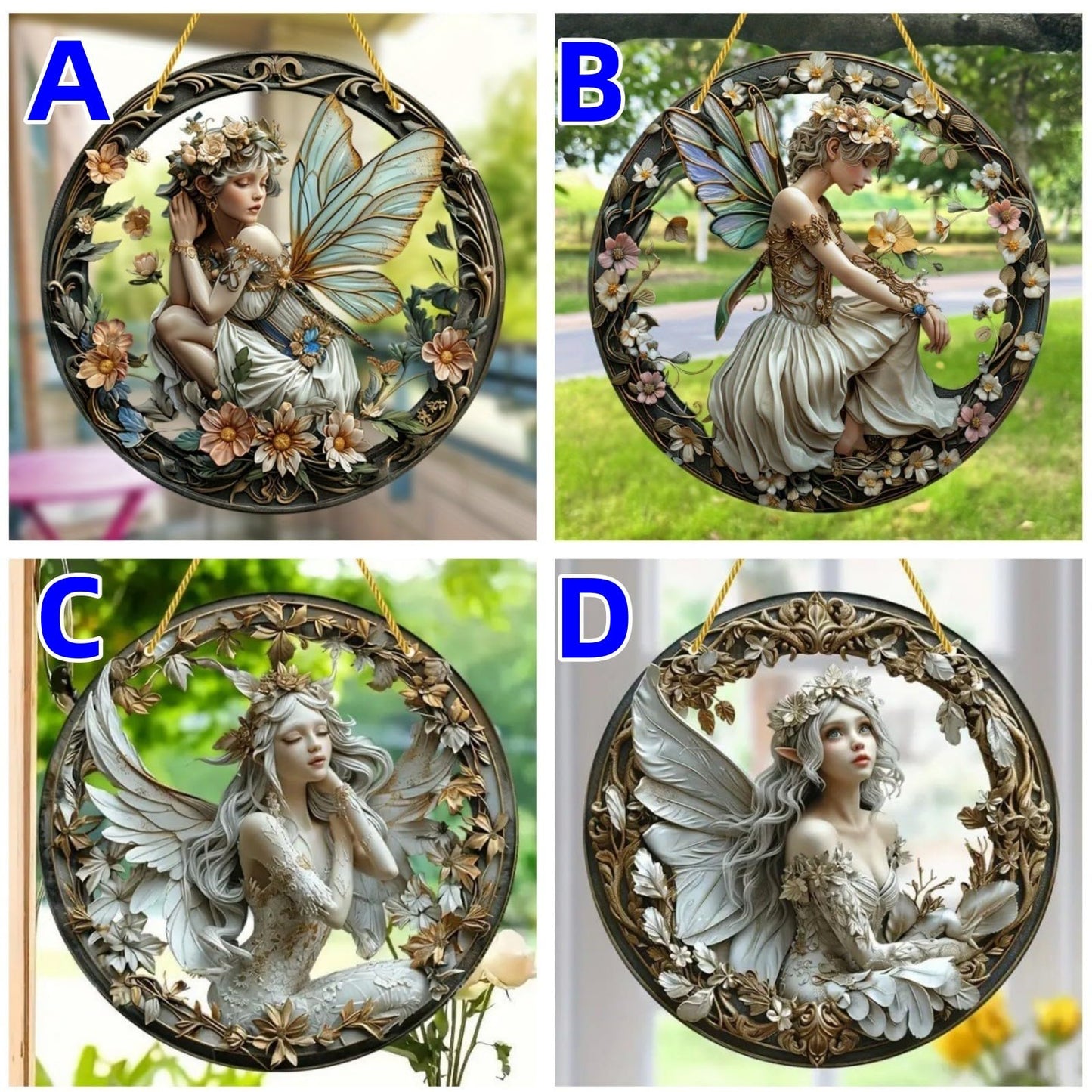 VTYFRY Flower Fairy Garden Decorations Angel Wing Christmas Halloween Deco Statue Art Elf Sculpture Hanging Craft for Outdoor Yard Courtyard Lawn Patio Window Acrylic Ornament Home Gift (C,S: 6*6 IN)