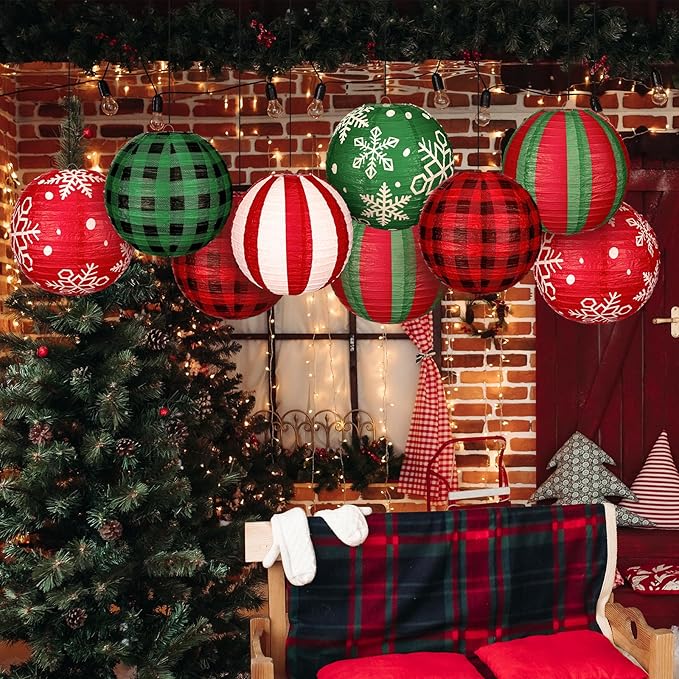 Bencailor 12 Pcs Christmas Hanging Paper Lanterns Set Decorative Christmas Party Lanterns Round Hanging Lamps for Xmas Home Decoration Supplies Props Graduation Holiday Decor(Snowflake, 12 Inch)