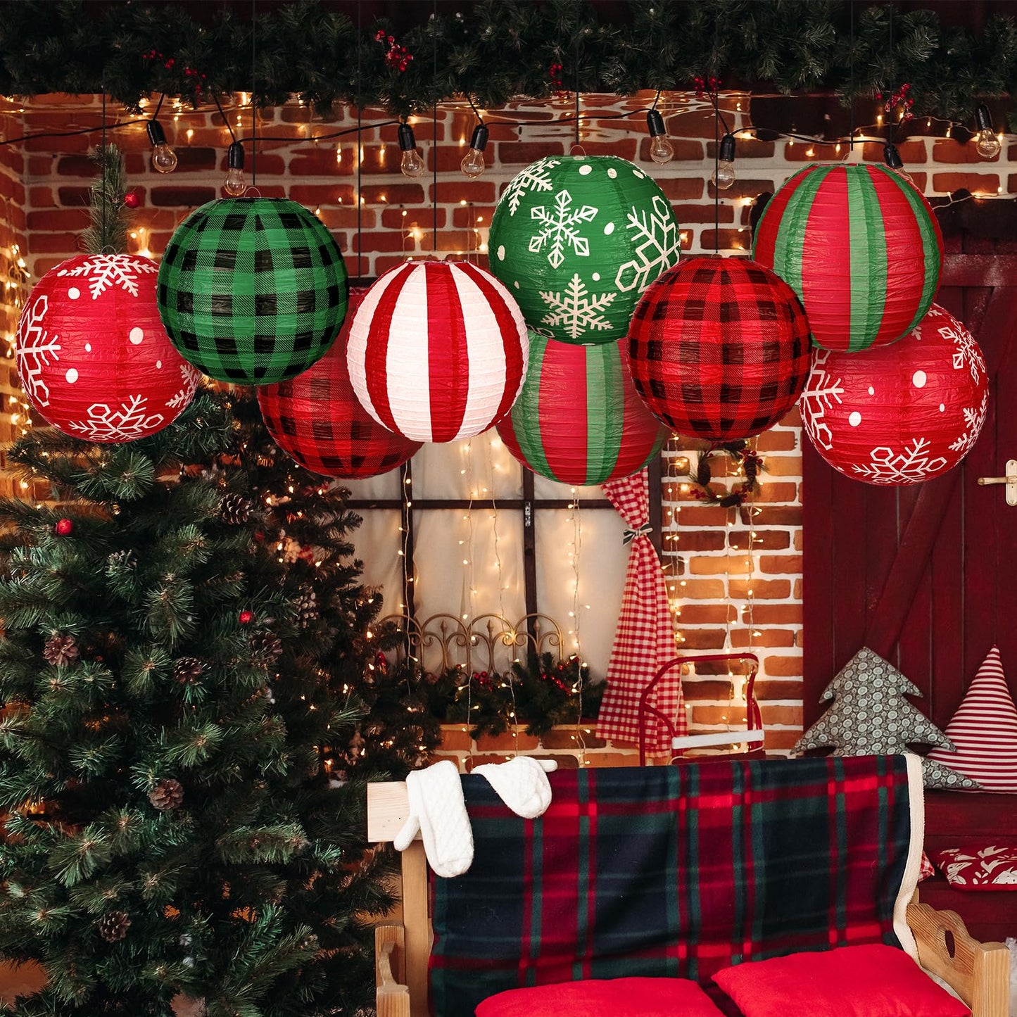 Bencailor 12 Pcs Summer Christmas Hanging Paper Lanterns Set Xmas Decorative Party Round Hanging Lamps for Summer Xmas Home Decoration Supplies Props Holiday Decor(12 Inch,Snowflake)