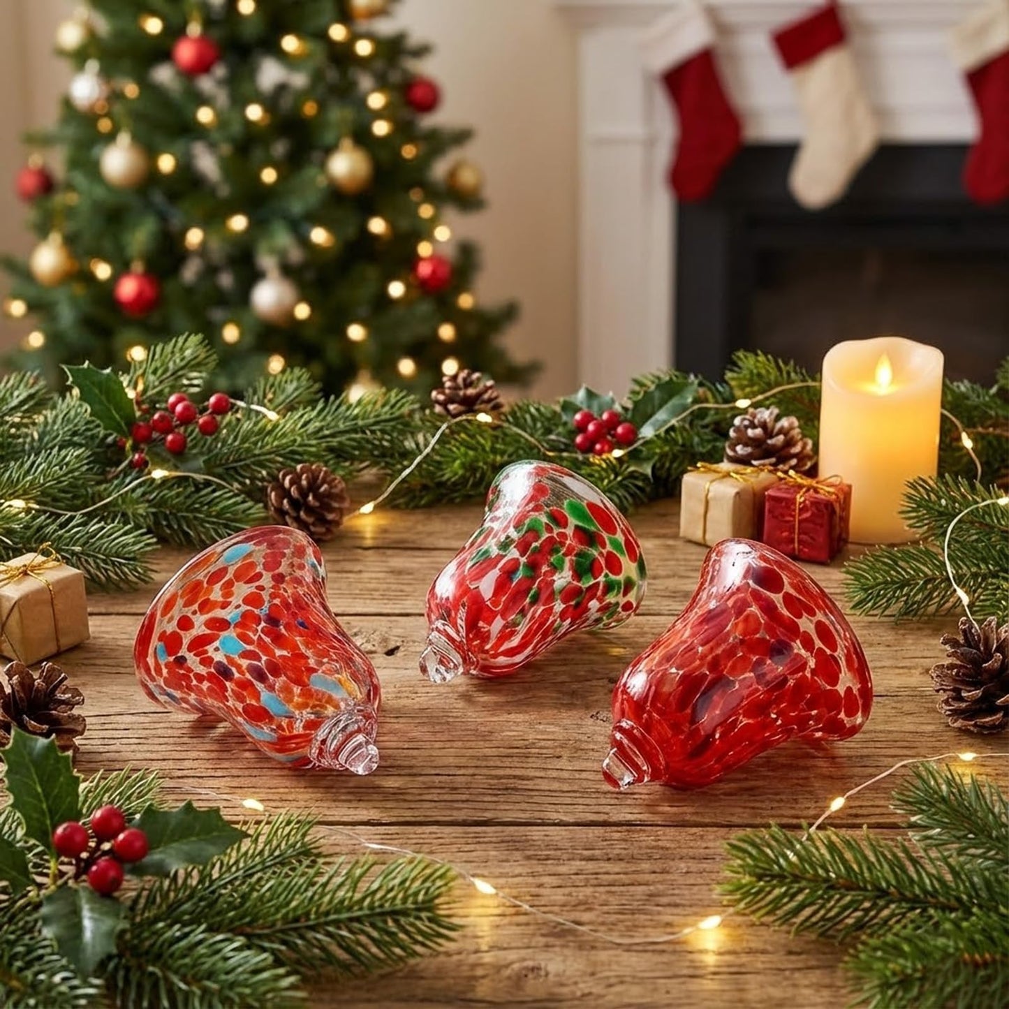 3 Pcs Red Glass Hanging Bell Ornaments for Garden, Patio, and Home