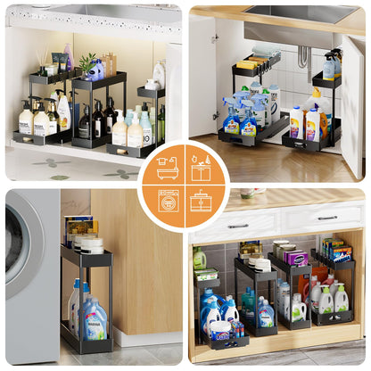Delamu 2 Pack Under Sink Organizers and Storage, 2 Tier Pull Out Bathroom Cabinet Organizer, L-Shape Black Under Bathroom Kitchen Sink Organizer with Drawer for Under Sink Storage Organizer