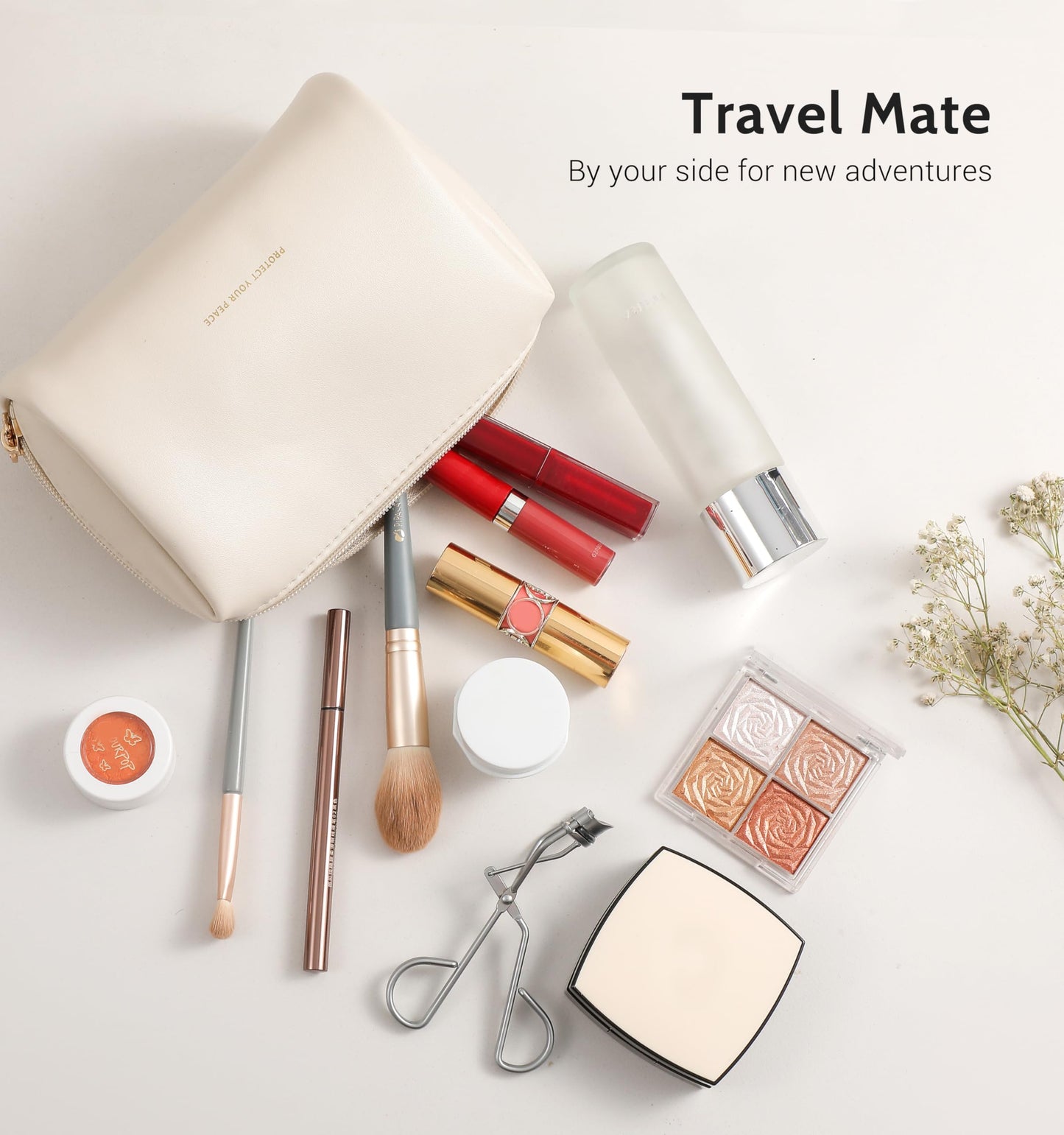 Aveniee Travel Makeup Bag Small, Vegan Leather Cosmetic Pouch for Purse, Wide-open Toiletry Organizer with Dividers & Zipper for Women-Beige