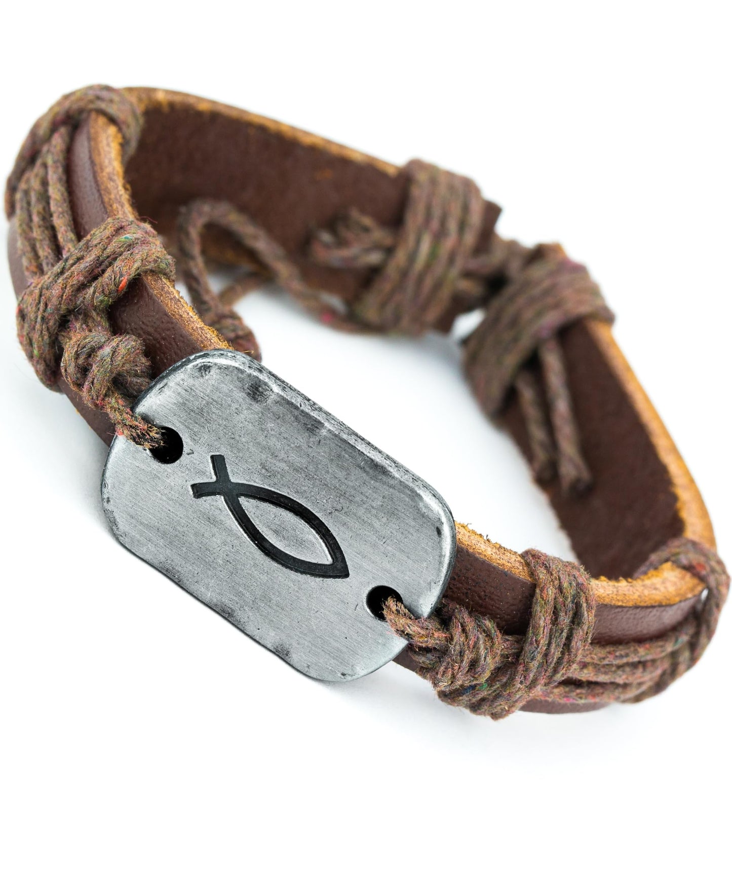 Soul Statement Sign of the Fish Men's Leather Wrap Bracelet for Teenagers (Brown Fish)